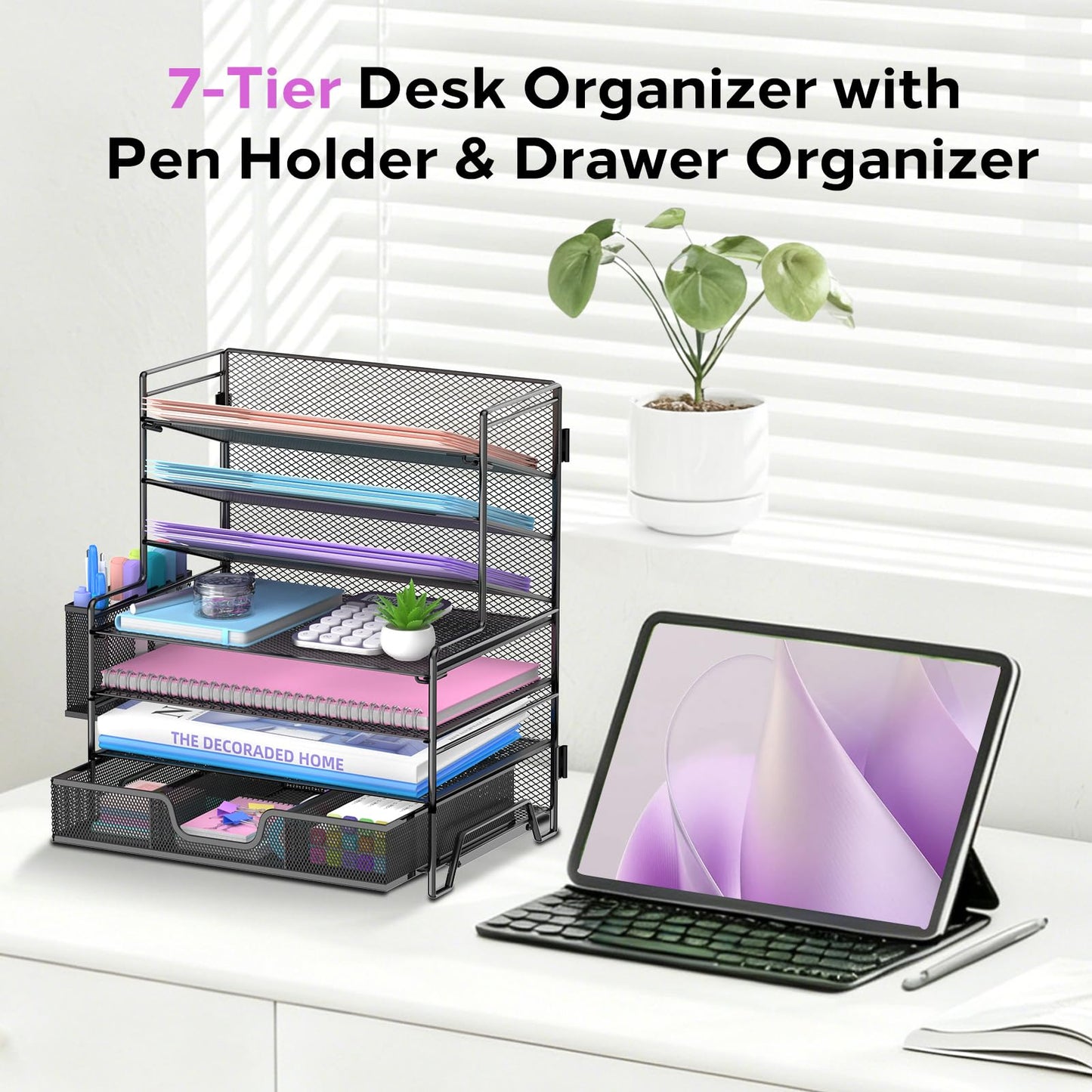 SUPEASY 7 Tier Desk Organizer with Drawer & Pen Holder, Heavy Duty Metal Letter Tray Paper File Organizer for Home Office School Classroom, Black