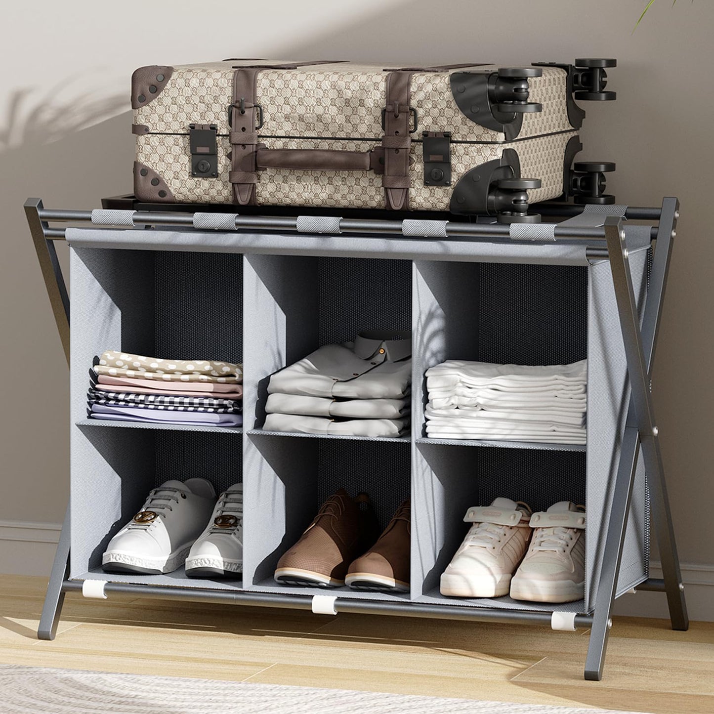 Huhote Luggage Rack for Guest Room, Folding Suitcase Stand with 6-Cube Fabric Storage Shelf, Luggage Holder, Steel Foldable Luggage Stand for Guest Room, Bedroom, Hotel, Grey