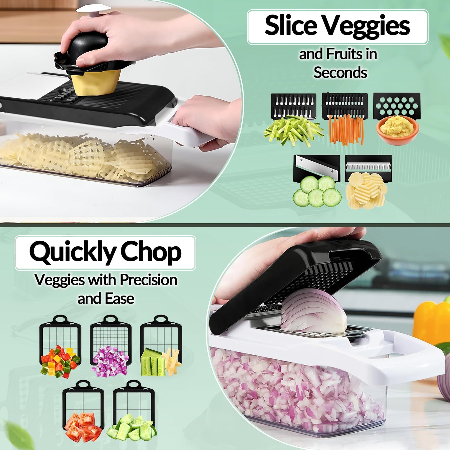 Multifunctional Vegetable Chopper with Container - 12 in-1 Adjustable 8-Blade Fruit & Veggie Chopper with Mandoline Slicer & Dicer | Kitchen Gadgets Food Cutter for Potato, Tomato & Onion (White)