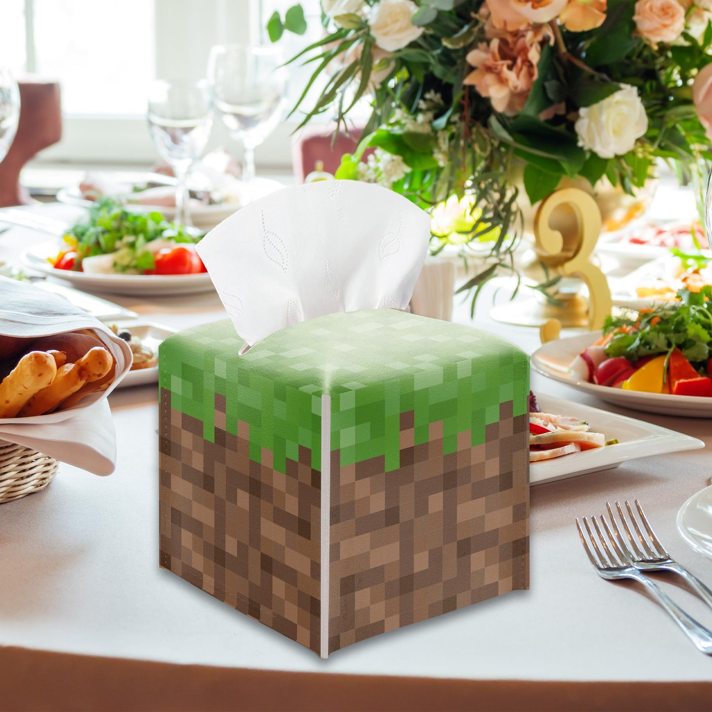 Pixel Grass Block Square Leather Tissue Box Cover – Pixel Theme Party Tissue Box Cover Holder Square, Pixelated Decor for Bathroom Nightstand Kitchen, Birthday Party Gift for Kids & Their Friends