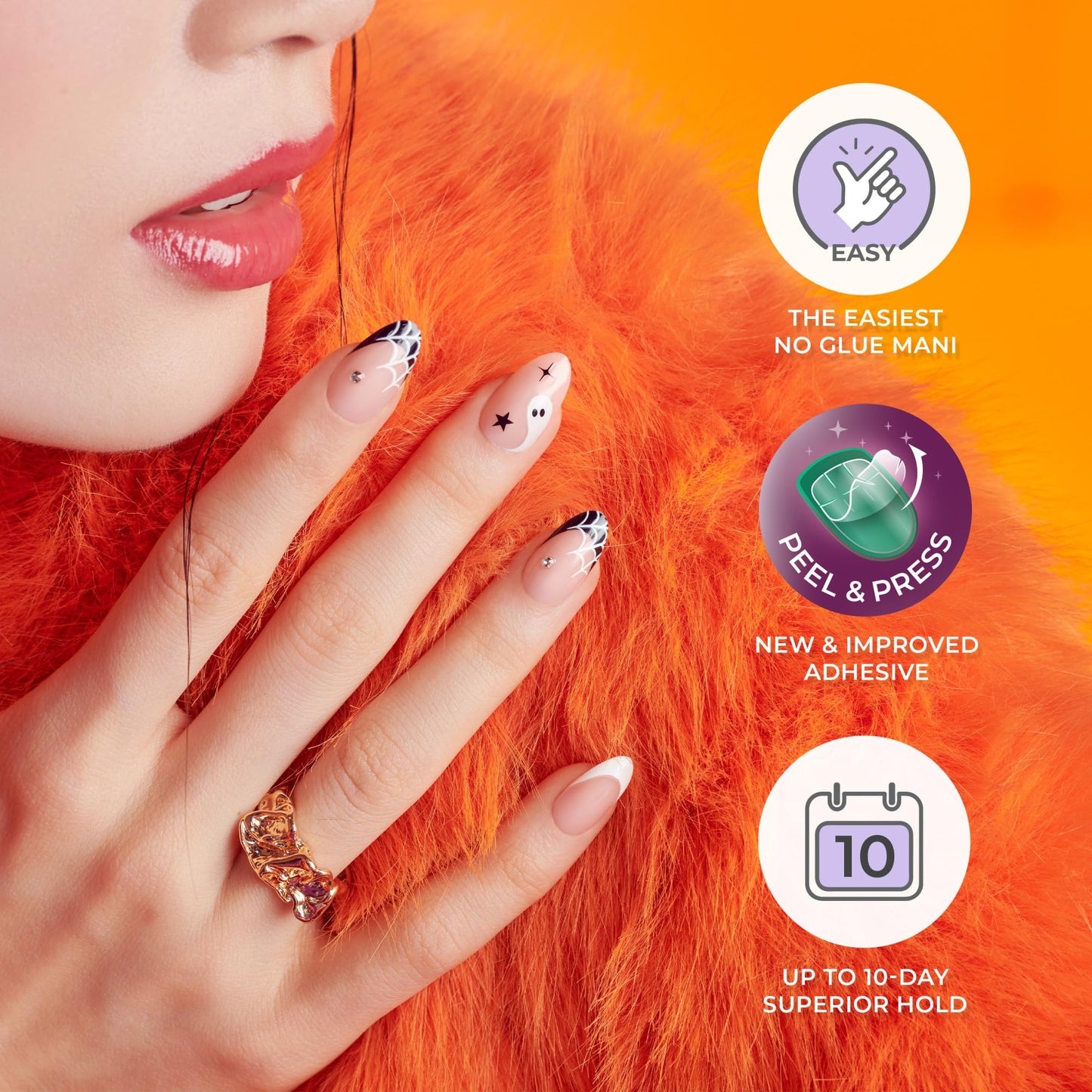 KISS imPRESS Halloween Press On Nails, ‘Bad Idea right’, Black, Medium Coffin, Glossy Finish, No Glue, Glow-In-The-Dark, Includes Prep Pad, Mini Nail File, Manicure Stick & 30 Fake Nails