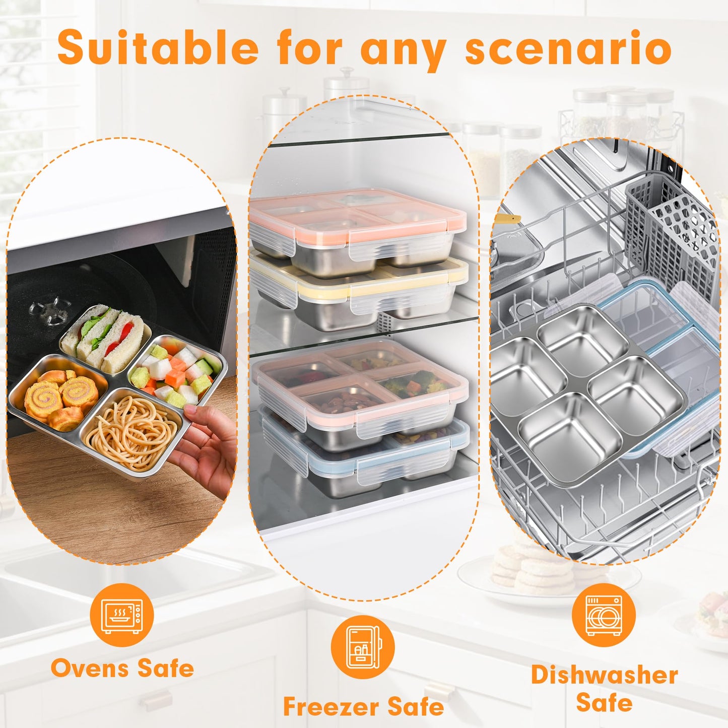 4 Pack Stainless Steel Snack Containers with Lids, Leakproof 4 Compartment Bento Lunch Boxes, Reusable Metal Meal Prep Food Storage Containers, Dishwasher Safe for Work, Travel, Picnic (4pack-A)