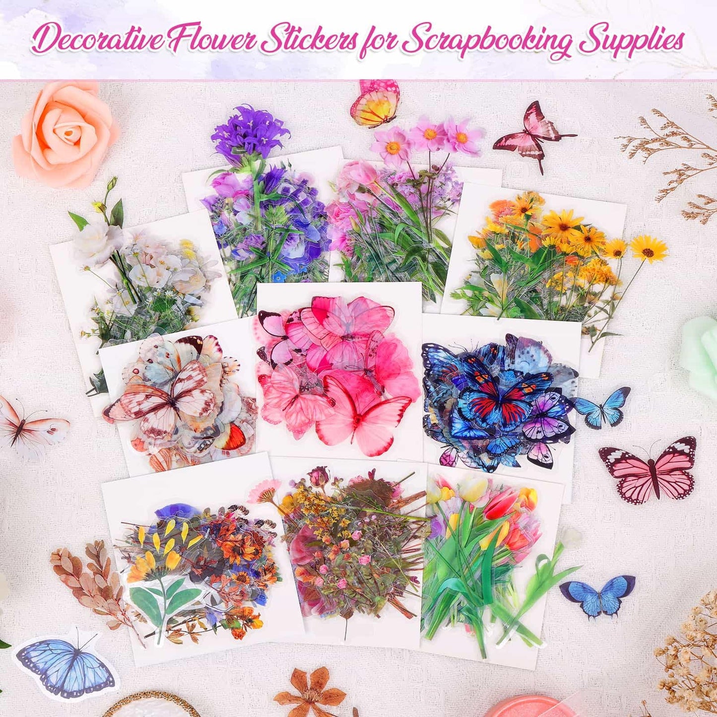 401Pcs Transparent Flower and Butterfly Stickers, Clear Floral Scrapbook Stickers Supplies for Journal Planner Notebook Resin Card Making Laptop Cell Phone Decorating