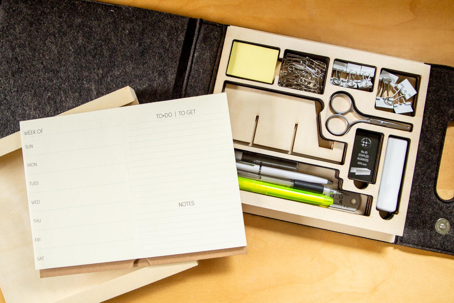 Three by Three Seattle jOTBLOCK Stay Organized On the Go with Our Portable Planner Set: Recycled Felt Case, Adjustable Stand, and Dual-Purpose Split Pad, Includes Additional Pad Refill 50 Sheets