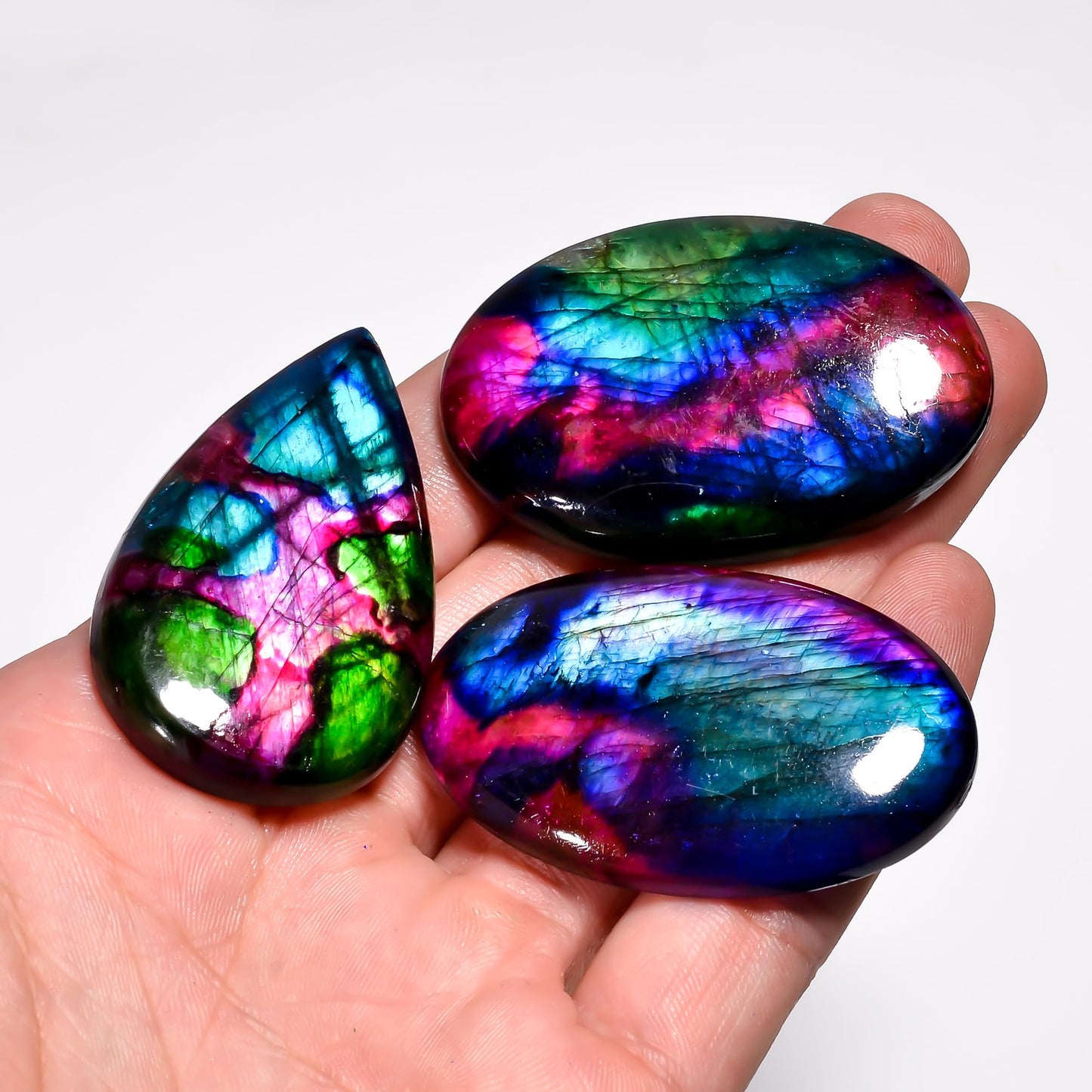 GEMKORA [40-50mm] [3pcs] Large Rainbow Pattern Labradorite Gemstones Cabochons, Jewelry Making Loose Gemstone, Polished Gems, DIY, Wire Wrapping, Reiki, Wikka, Healing Crystals, Bulk Gemstone Deal