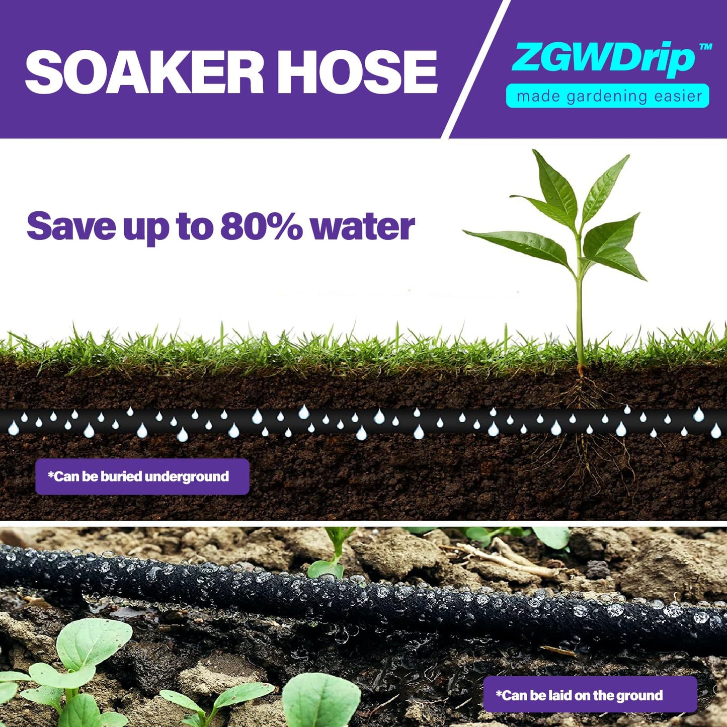 ZGWDrip 25FT 1/2" Water-Saving Soaker Hose with Solid Brass Connectors, Drip Irrigation Kit for Lawn & Yard