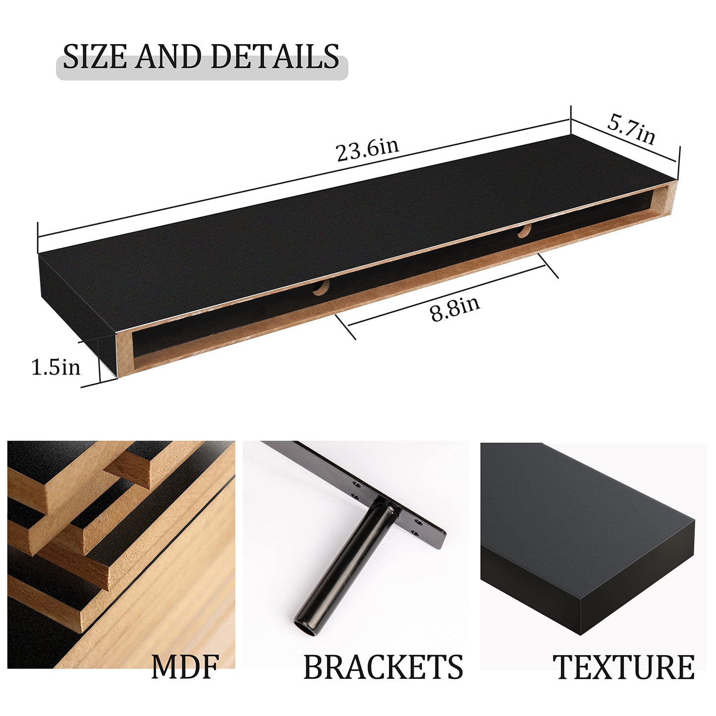 BAMEOS Floating Shelf,24 in Wall Shelf,Decor Wall Mounted Shelves,Hanging Shelf Set for Bathroom Kitchen Living,Kitchen,Room Bedroom Storage,Black