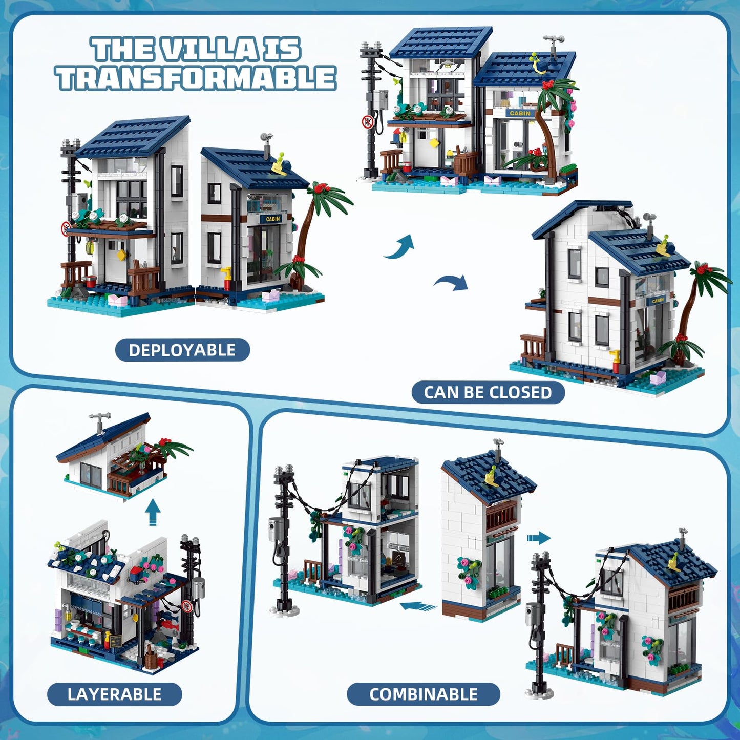 3 in 1 Japanese Style Building Set with Light, Creative Beach House, Lighthouse & Restaurant Model, Architecture Building Blocks Set, for Architecture Lovers