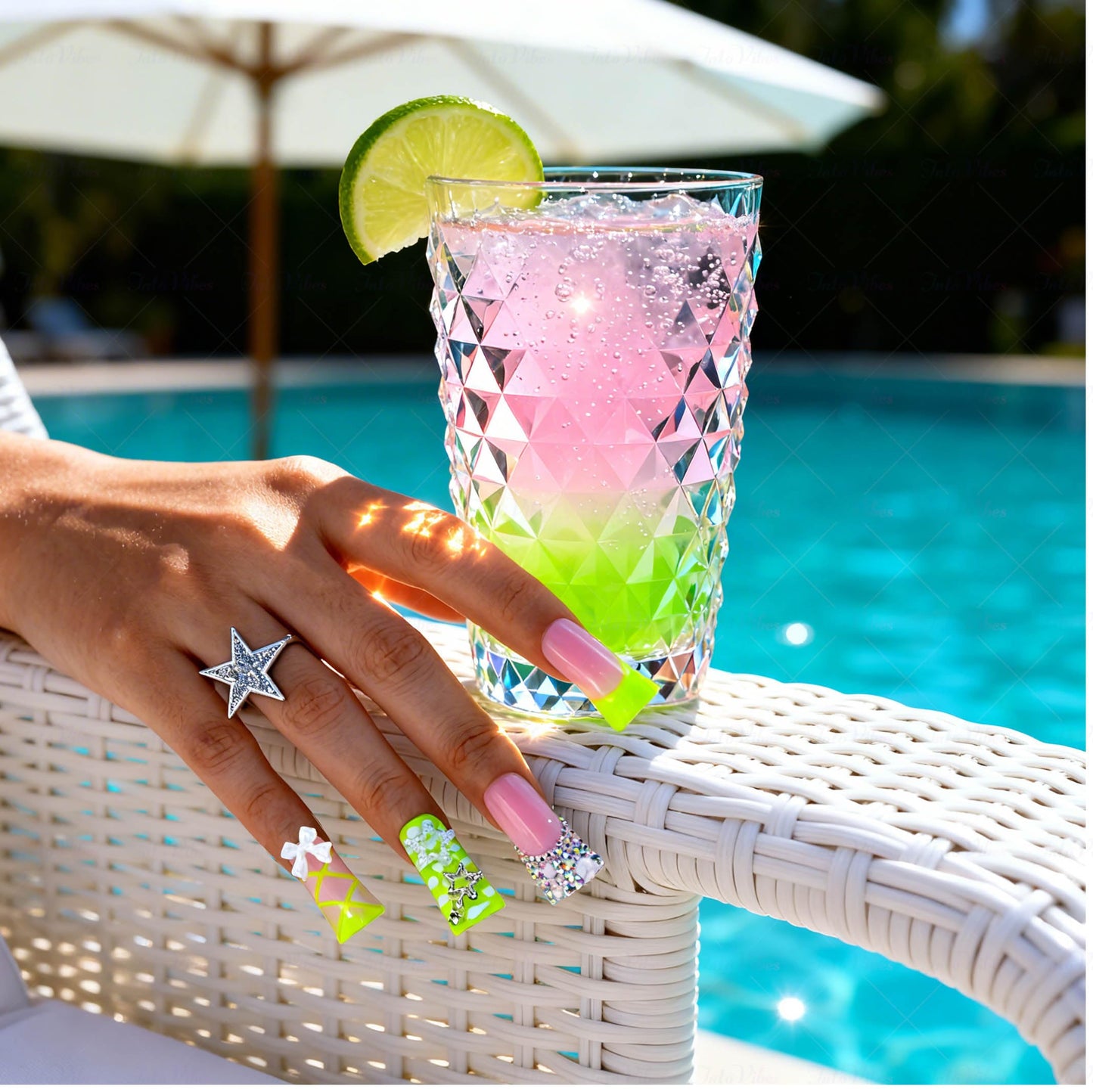 IntoVibes 10 Pieces Luxury Acrylic Press On Nails Long Handmade Duck Nails, Green Thickened False French Nails, With 3D Bowknot And Stars, Reusable Fake Nails, Acrylic Nails (L)
