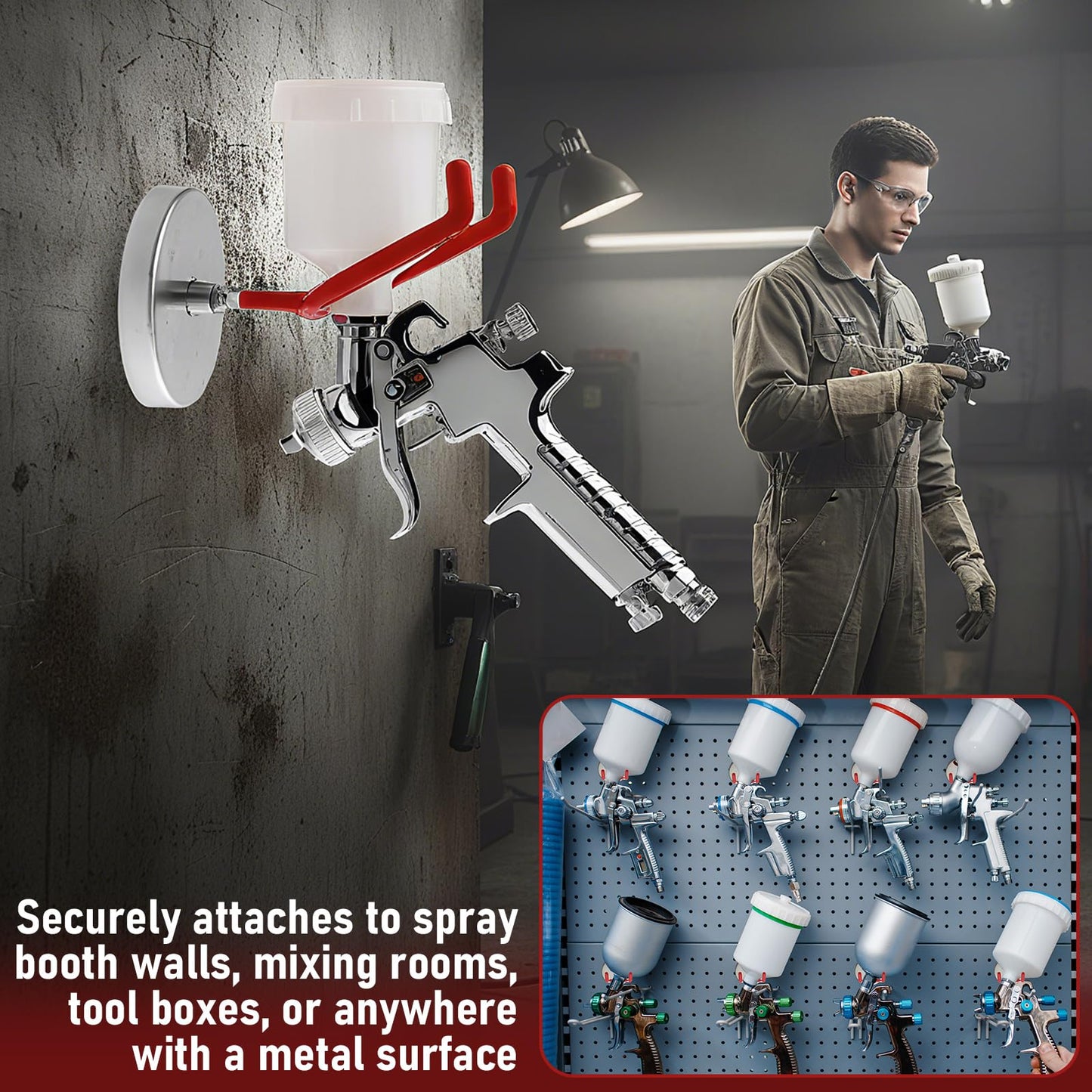 LEIFIDE 4 Pcs Magnetic Paint Gun Holder Stand Compatible with Most Paint Spray Guns Ideal for Spray Booths, Workstations, Body Shop Wall