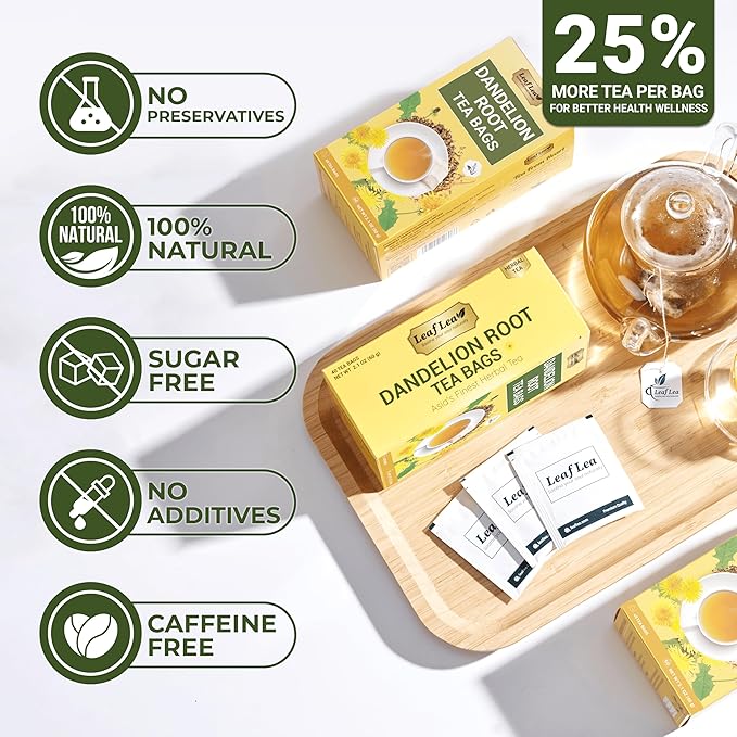 LeafLea 120 Dandelion Root Tea Bags, Dandelion Tea Promotes Healthy Digestion & Immune Function, 100% Natural and Pure from Dandelion Root Herbal Tea, Caffeine-Free, Sugar-Free, Vegan, Pack of 3