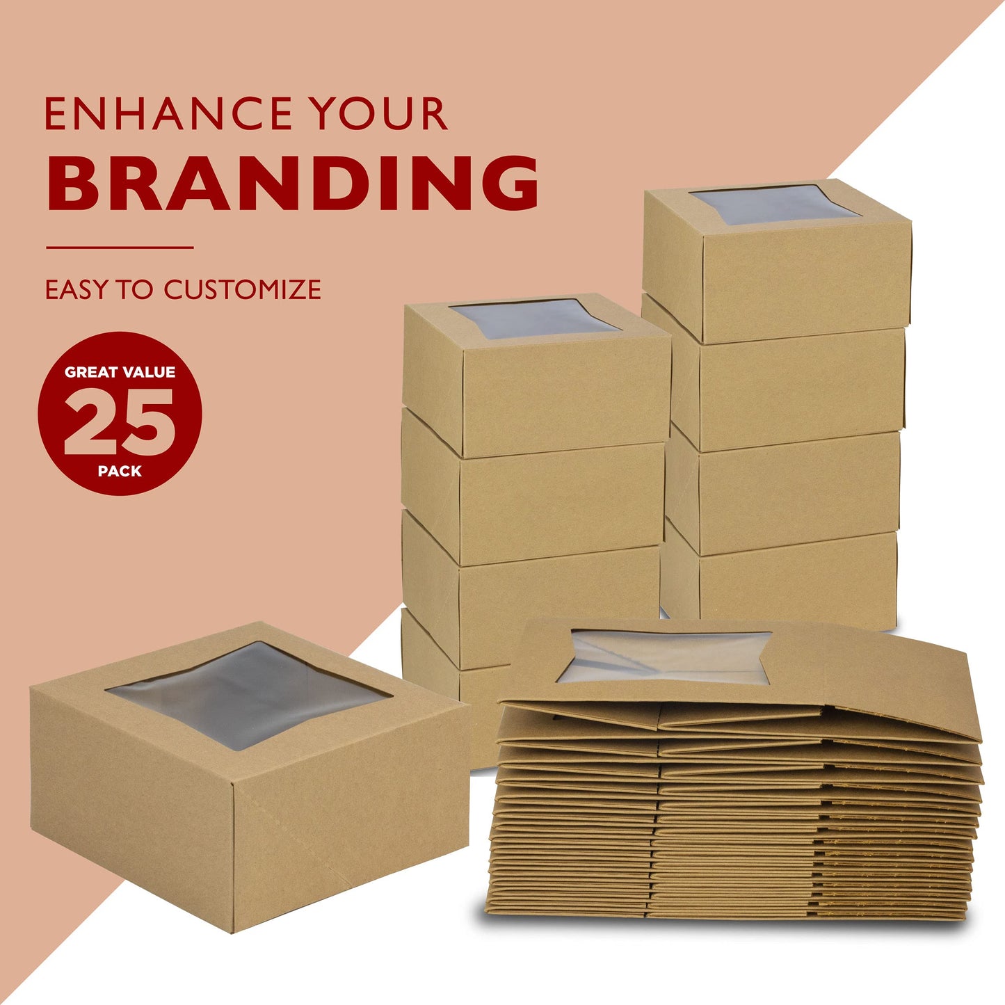Fit Meal Prep 25 Pack Bakery Boxes with Window 6x6x3 Kraft Cake Box Cardboard Bakery Packaging for Cupcake, Cookies and Pastry, Treat Box Pie Box for Valentine's Day, Christmas