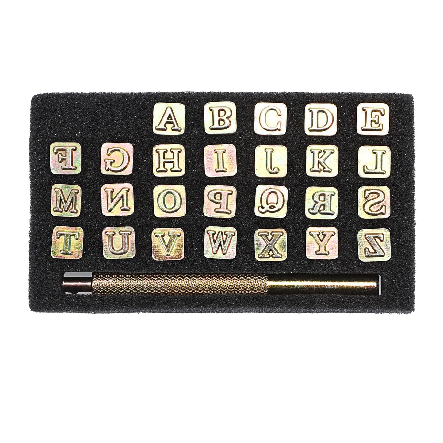 OwnMy 27PCS Leather Stamping Tools Kit Includes 26PCS 8mm Capital Letters Alphabet Stamps and 1 Steel Punch Handle, Metal Leathercarft Embossing Stamp Tools for Leather Art Crafts Marking/Working