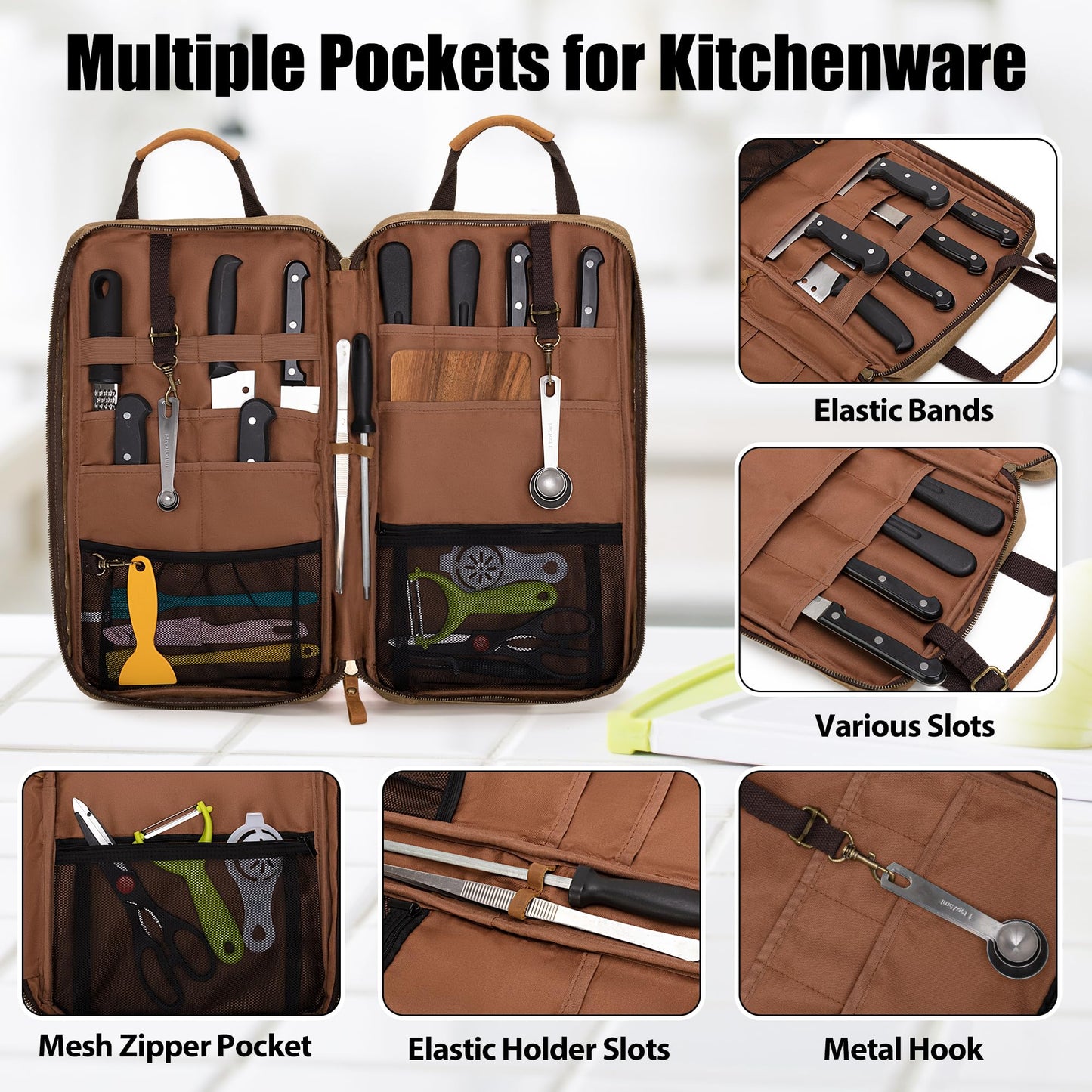 Damero Chef Knife Bag, Waxed Canvas Chef Storage Bag with 11 Slots and 2 Mesh Pockets, Knife Carrier Travel Knife Bag with Top Handles and Detachable Shoulder Strap for Kitchen Tools & Chef Utensils