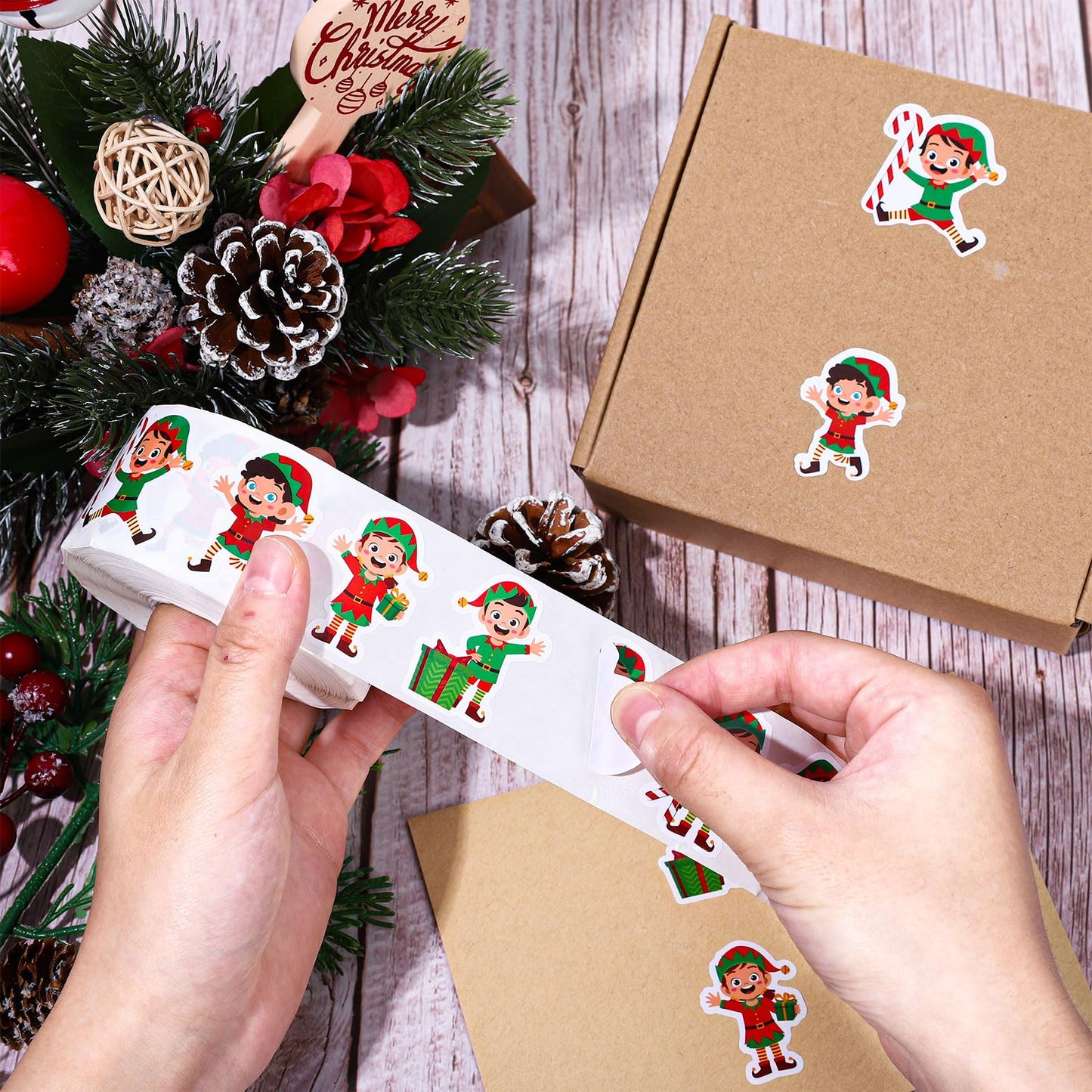 1000Pcs Christmas Stickers Roll 8 Designs Elves Decals Assorted Funny Cartoon Xmas Elf Adhesive Decorative Stickers for Gift Greeting Card Party Supplies