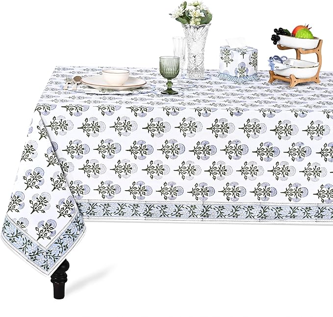 Ridhi Hand Block Print Mughal Buta Blue Rectangle Cotton Tablecloth 108" x 70" Reusable Table Cover Decorative Everyday Use for Dining, Farmhouse, Home Gift for Spring, Easter, Valentine