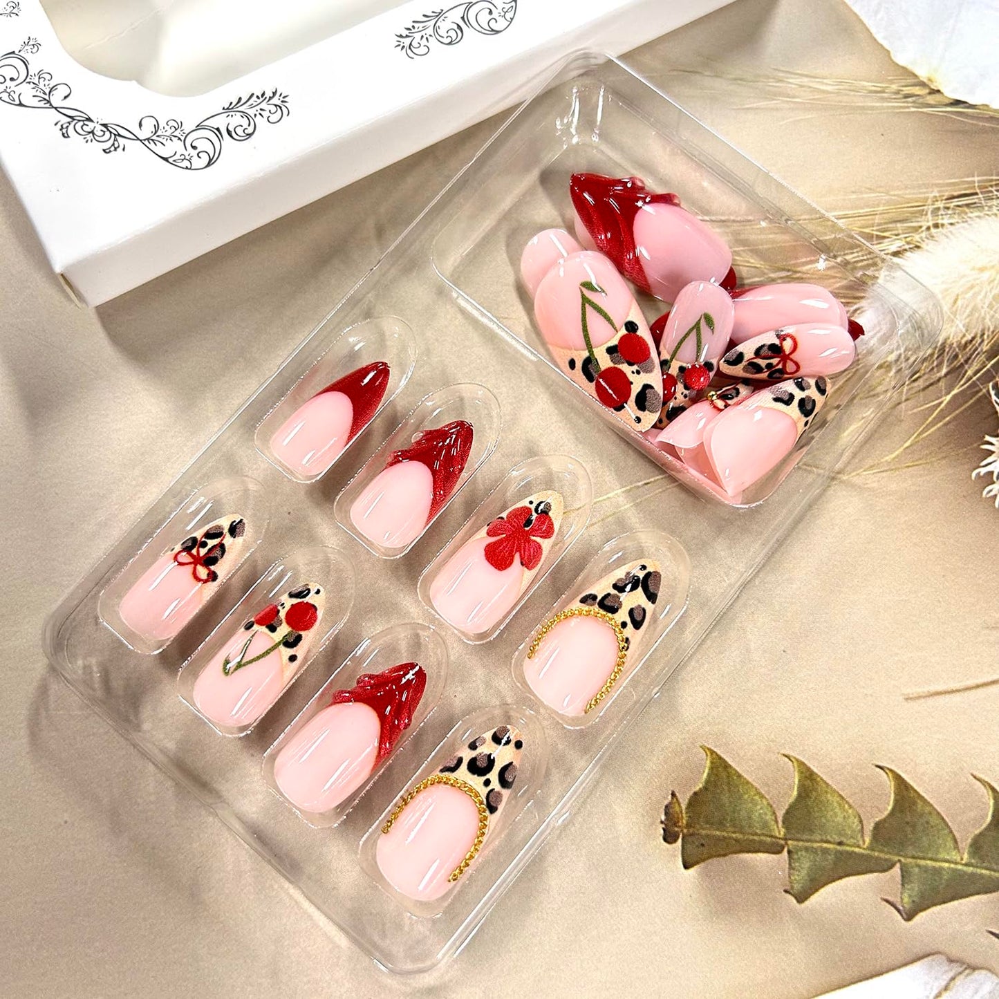 French Leopard Print Red Floral Press on Nails Medium Almond Artificial Acrylic False Nails Stick on Nail 3D Cherry Full Cover Red Flower Reusable Coffin Artificial Fingernails for Women Manicure