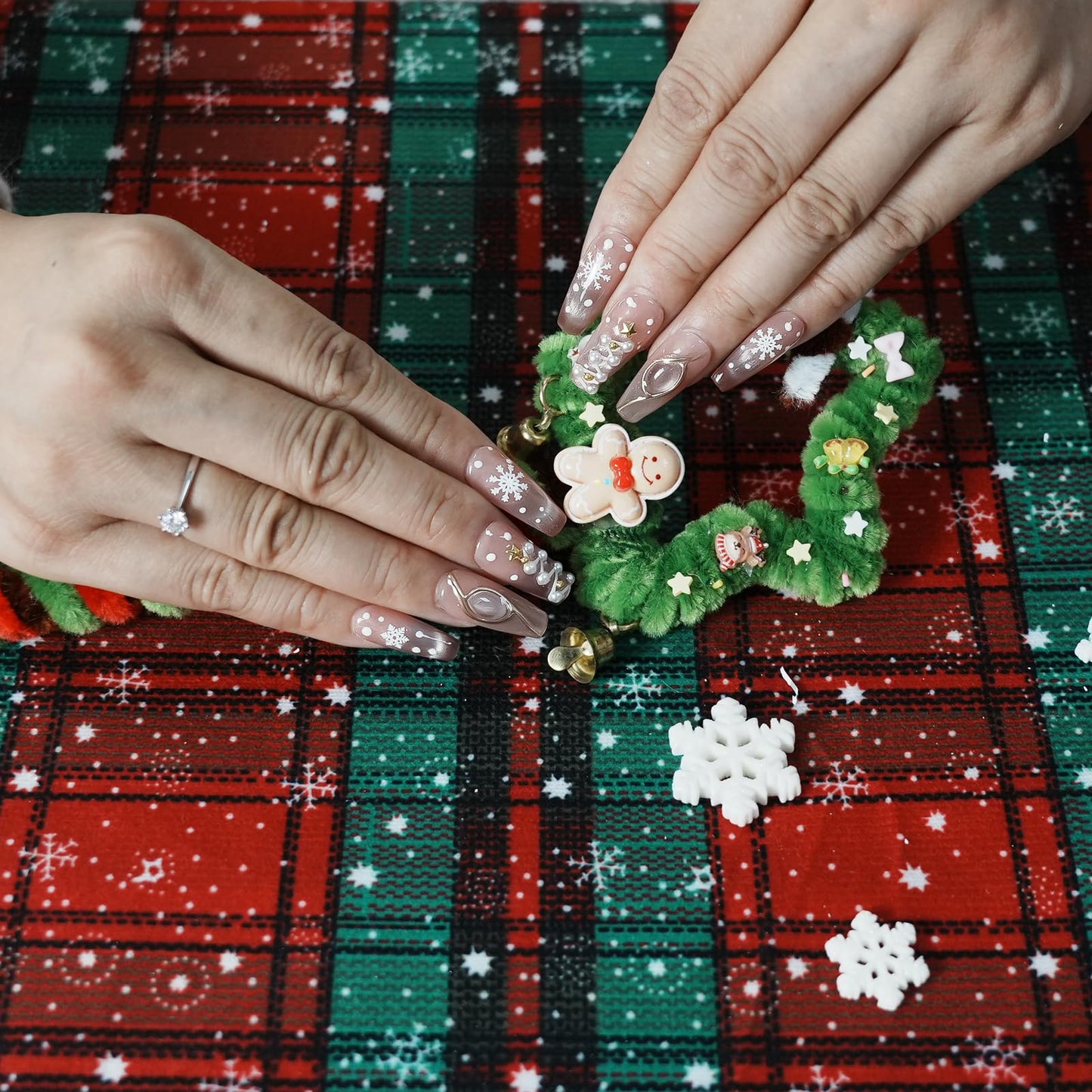 Tesytto Glitter Press on Nails - Sheer Pink Nude Acrylic Handmade Coffin False Nails Winter Xmas Tree with Pearls Snowflake Star for Women Girls (Holiday Opulence-A,S)