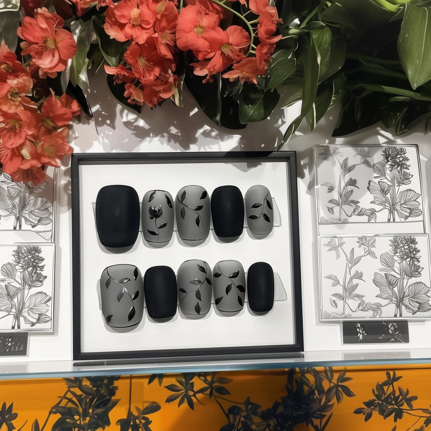 Fine Point Handmade Salon-Quality Fake Nails, Short Press On Nails, 3D Design, Matte Black Lace, See-Through, Elegant Reusable Acrylic Nails, 10 Pieces (Size Large)