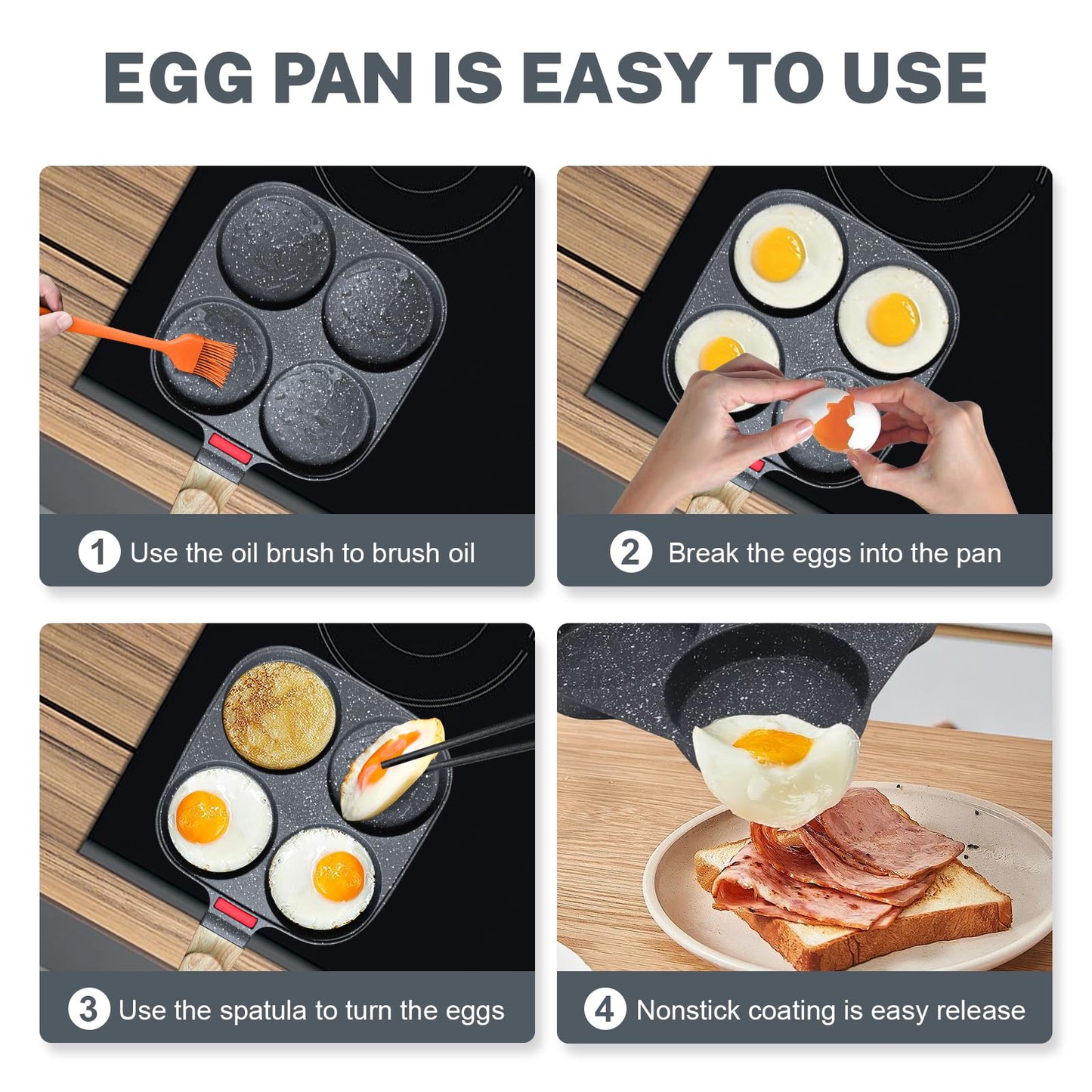 4‑Cup Nonstick Egg Pan Set with Lid – Aluminum Omelette Skillet for Breakfast, Includes Silicone Scraper, Oil Brush, Chopsticks & Cleaning Cloth – Compatible with Gas & Induction Cooktops (Black)