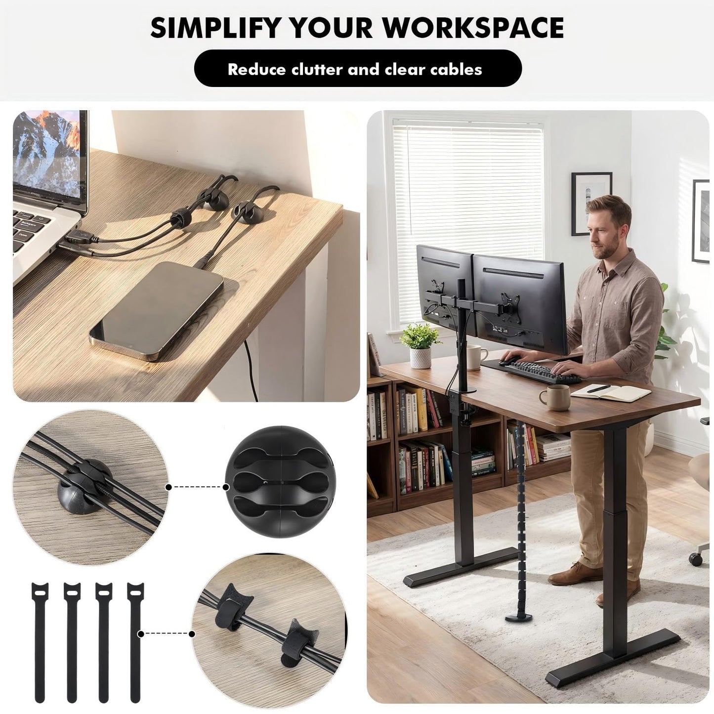 Yaomiao 4 Pack Under Desk Vertebrae Cable Management Kit Standing Desk 48'' Adjustable Quad Entry Flexible Cord Organizer with Ties, Stick-on Clips Cable Management Set for Home User Office Worker