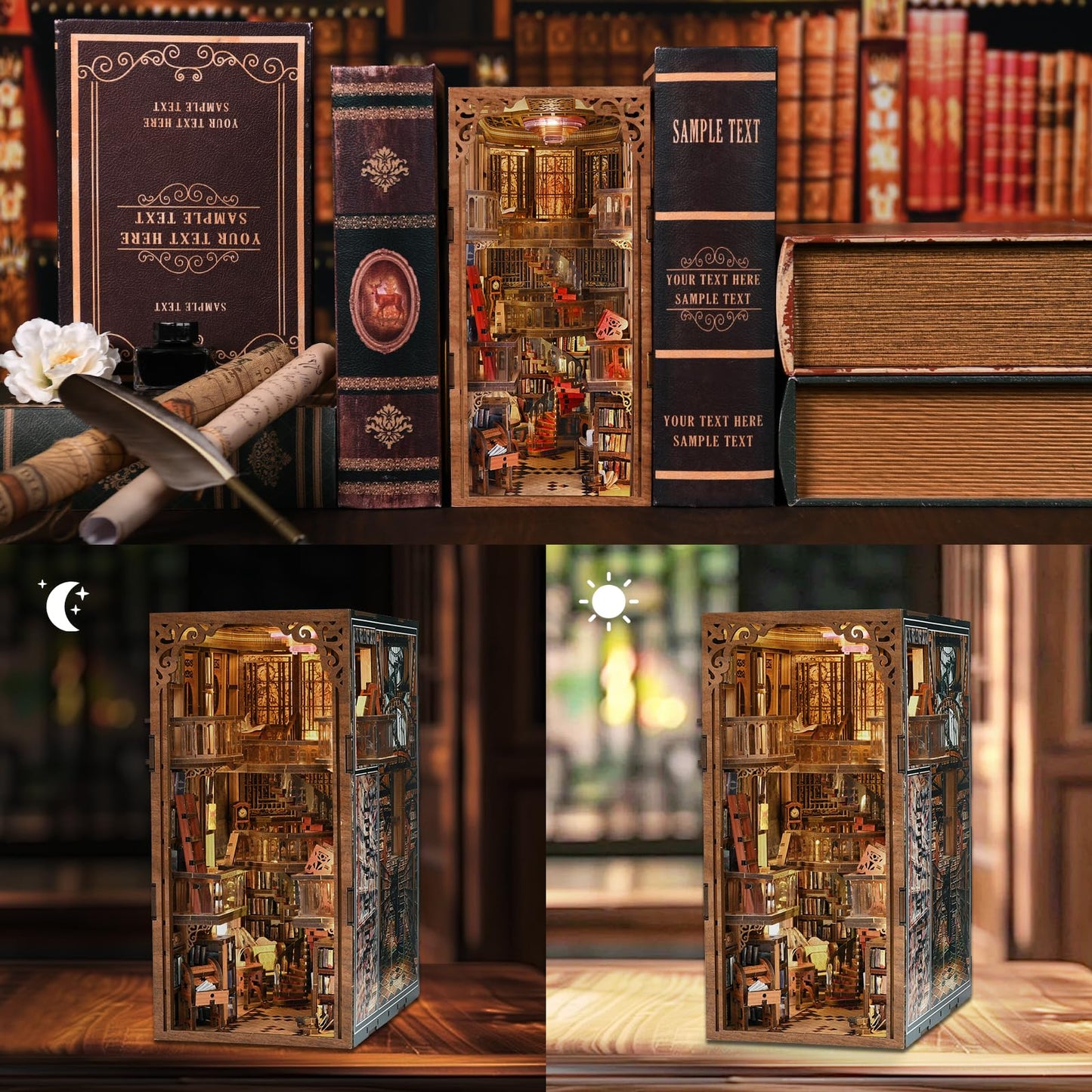 MiniCity Book Nook Kit, DIY Miniature Dollhouse Booknook Kit, 3D Wooden Puzzle Bookend Bookshelf Insert Decor with LED Light for Teens and Adults (Abbey Library)
