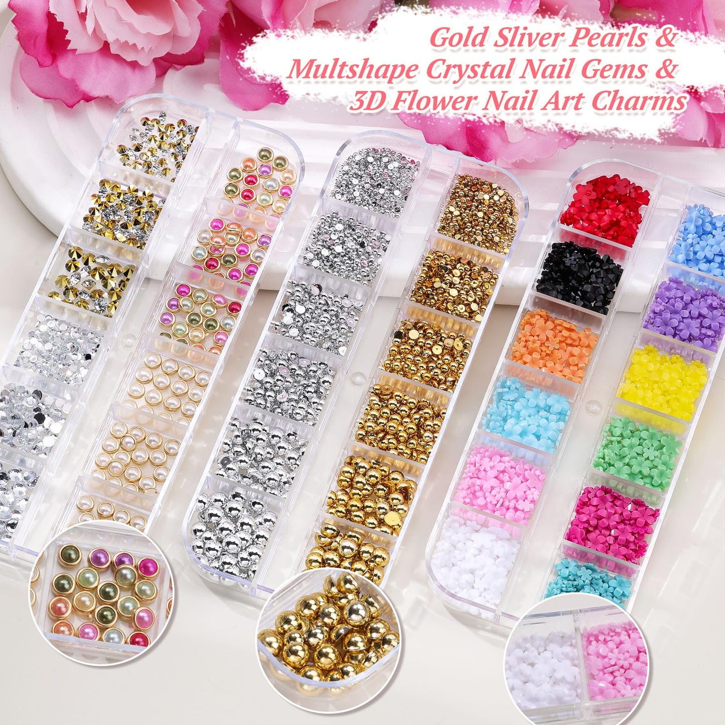 12 Boxes Nail Rhinestones Gems Kit,Gold/Silver Metal Studs,Mixed Sizes Flatback Crystals Rhinestones,Half Pearls,Sequins,Foil Flakes with Tweezers & Dotting Tools for DIY Manicure