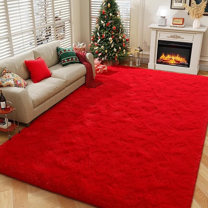 Amearea Premium Soft Fluffy Rug Modern Shag Carpet, 8x10 Feet, Fuzzy Shaggy Rugs for Bedroom Living Room Teen Apartment Decor, Comfortable Indoor Furry Dorm Carpets, Red