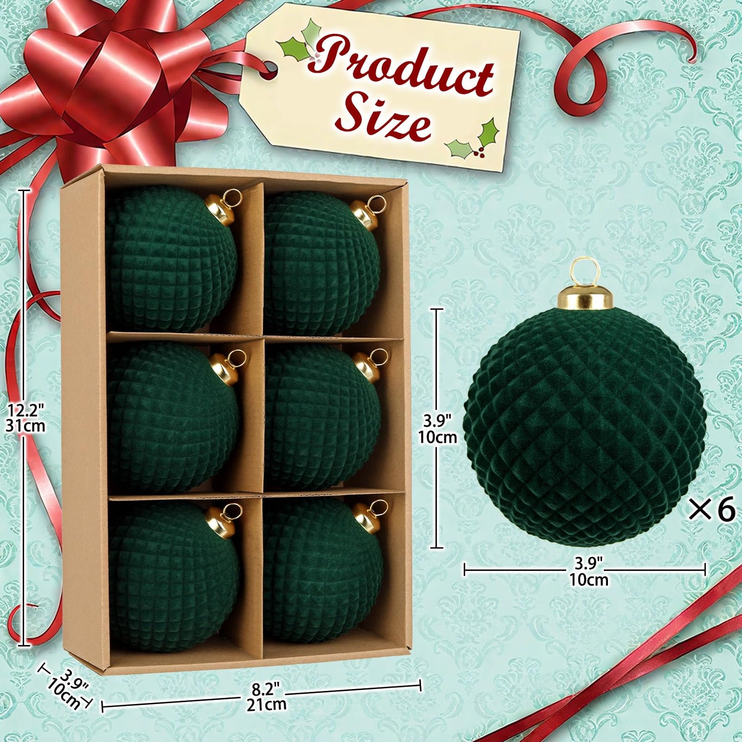 Velvet Christmas Ball Ornaments Set - 6 Pcs 4" Large Hanging Ball Christmas Tree Decorations Green Shatterproof Luxury Decor with Hanging Strings for Xmas Tree Decor Halloween Holiday Home Party