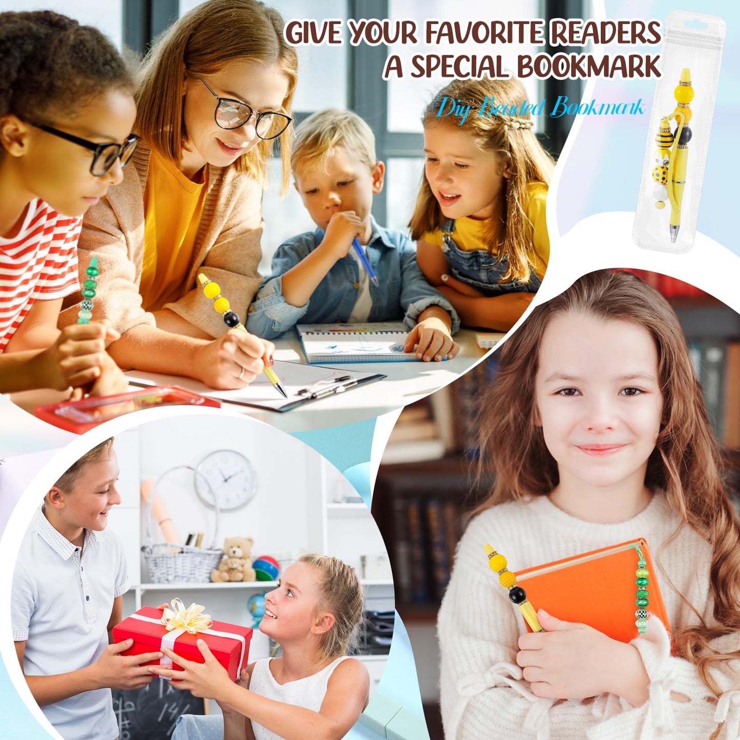 Kolldenn 56 Pcs DIY Beadable Bookmarks and Beadable Pens Kit Multicolor Bulk Metal Bookmarks Black Ink Pens with Refills Pen Packaging for Student Teacher School Craft Gift