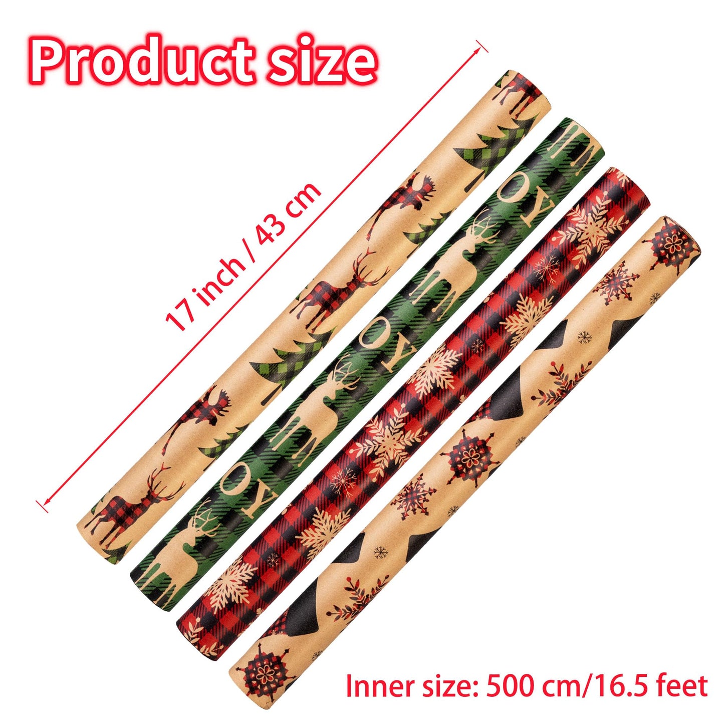 Christmas Wrapping Paper (4 Rolls: 93 sq. ft. ttl) - Red/Green and Black Plaid Grid Patterns, Stockings Snowflakes Pine Tree and Reindeer - Holiday Kraft Gift Paper 17 inches x 16.5 feet Per Roll