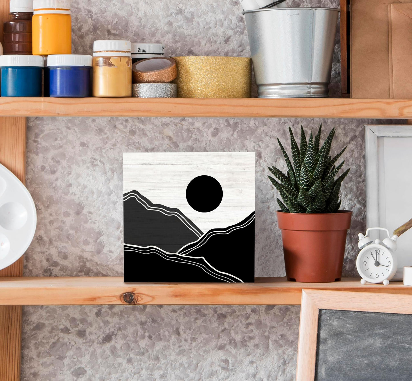 SRADMO Abstract Black and White Boho Sun Mountains Wood Box Sign Desk Decor, Bohemian Nature Landscape Wooden Block Box Sign Decoration for Home Office Shelf Table Decorative Accessories