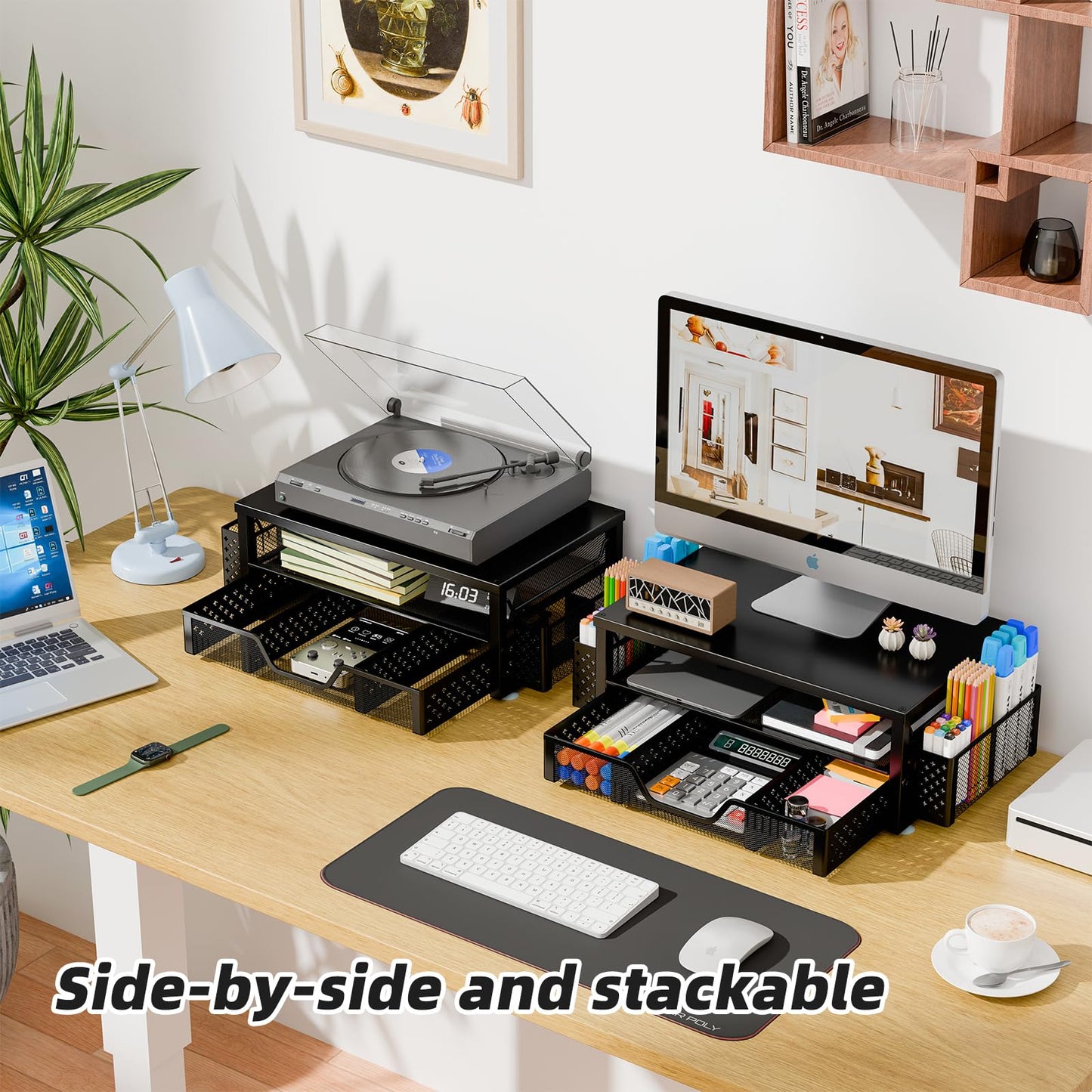Simple Trending Desk Organizer and Accessories, 2-Tier Computer Monitor Stand Riser with Drawer and 2 Pen Holders for Office Supplies, Black