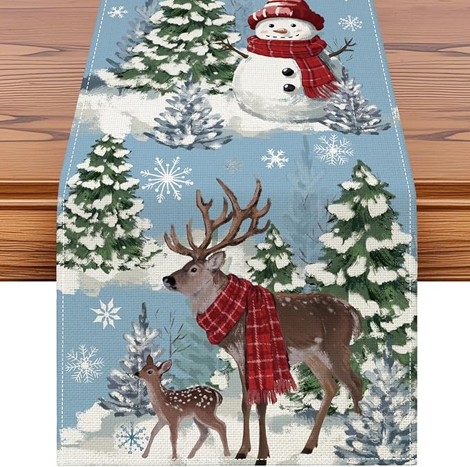 Artscope Reindeer Snowman Christmas Tree Table Runner, Xmas Winter Snowflakes Holiday Kitchen Dining Table Decoration for Christmas Home Party Decor 13x120 Inch-Light Blue