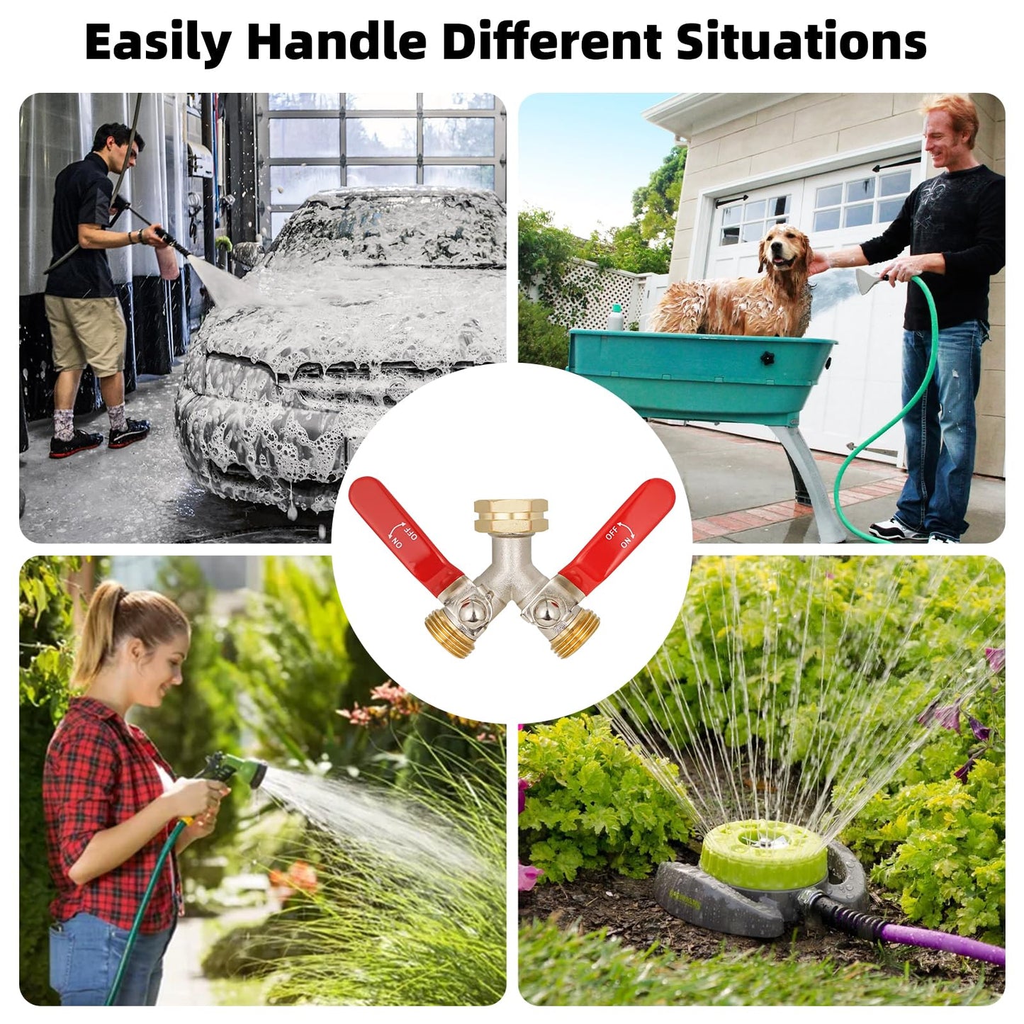 DINGBAI Hose Splitter 2 Way, High Flow Garden Hose Splitter, 3/4” Ght Inlet Brass Heavy Duty Hose Converter, Full Flow water 2 Way Faucet hose splitter, Long Handle Hose Valve Large Outlet.