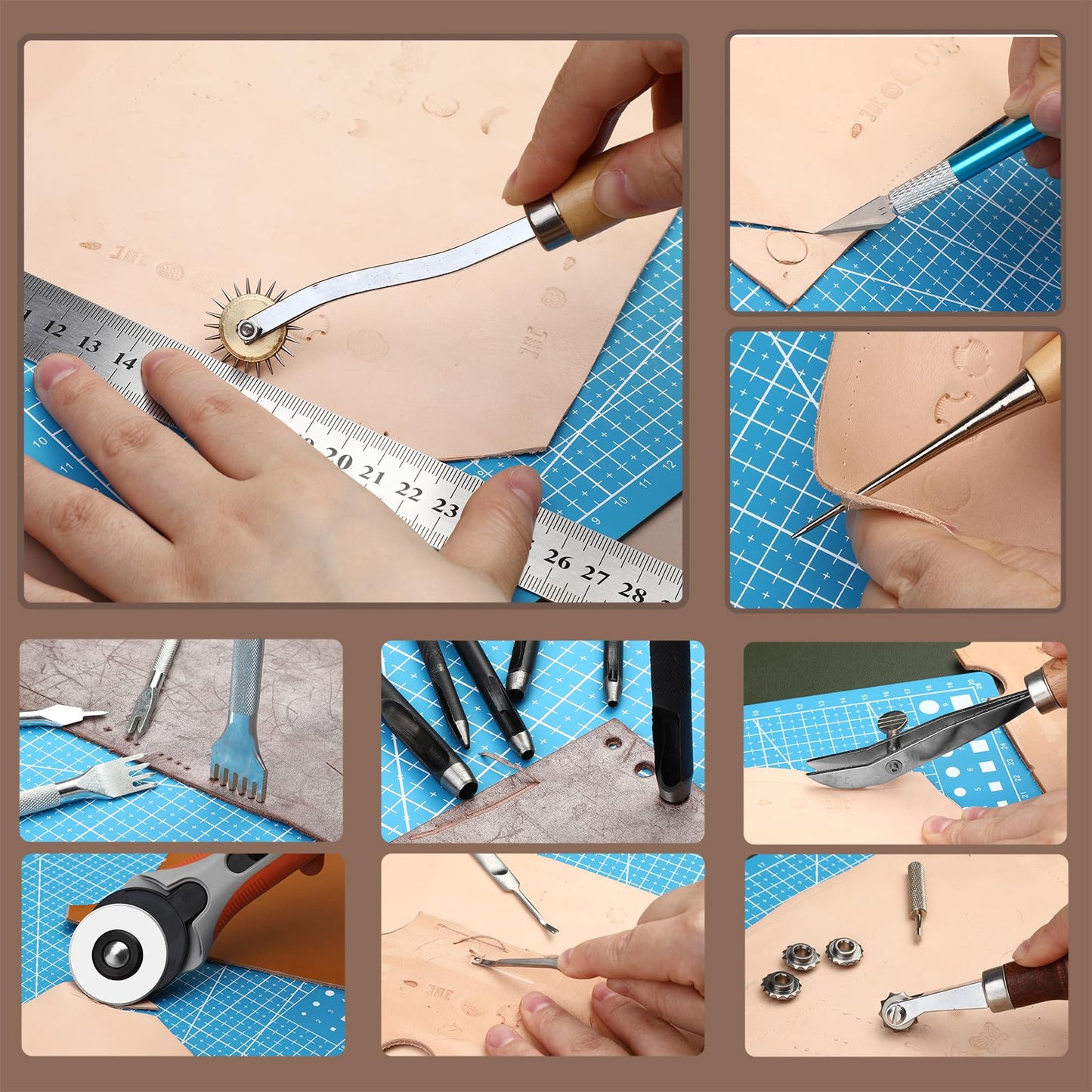 SOCNITC Leather Craft Tools, Leather Working Kit with Snaps and Rivets Kit Stamping Tools Stitching Groover Waxed Thread Punch Hole for Leathercraft Adults, Beginners