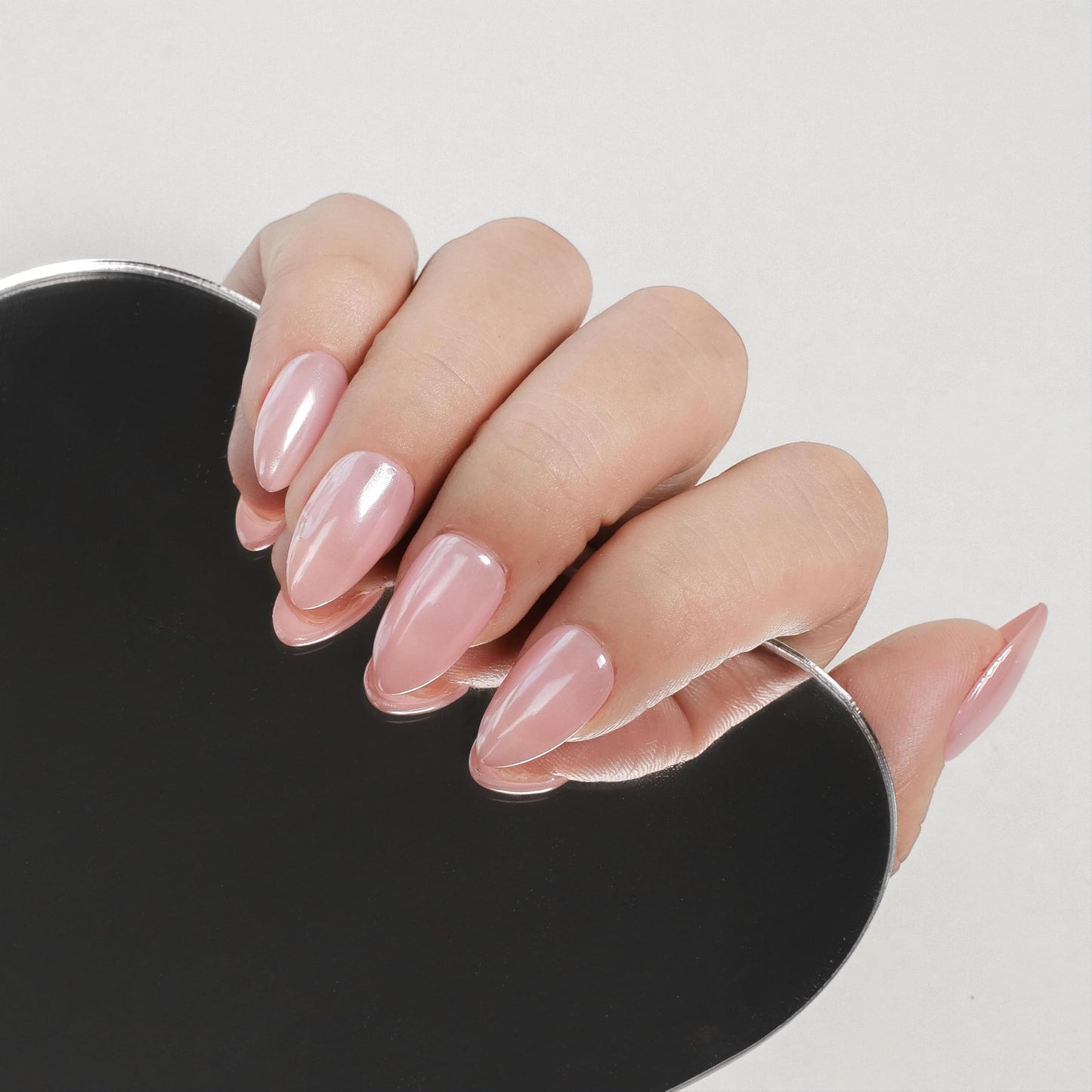 Nailique Press On Nails Short Almond – Handmade Chrome Glazed Donut Soft Gel Ombre Nude Pink, 26pcs Reusable Nail Tips with Glue & Remover, Salon Quality Valentine Bridal Wedding Manicure
