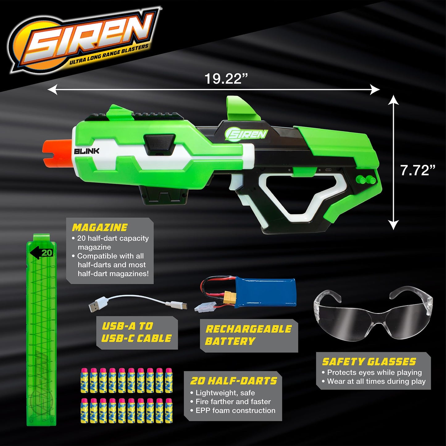 Siren Blasters Blink Motorized Rapid-Fire Ultra Long Range Foam Dart Blaster, Single Shot, Burst or Fully Auto Flywheel Launcher,190 Ft Range, 200 FPS, 20-Dart Mag, Rechargeable LiPo Battery, Ages 14+