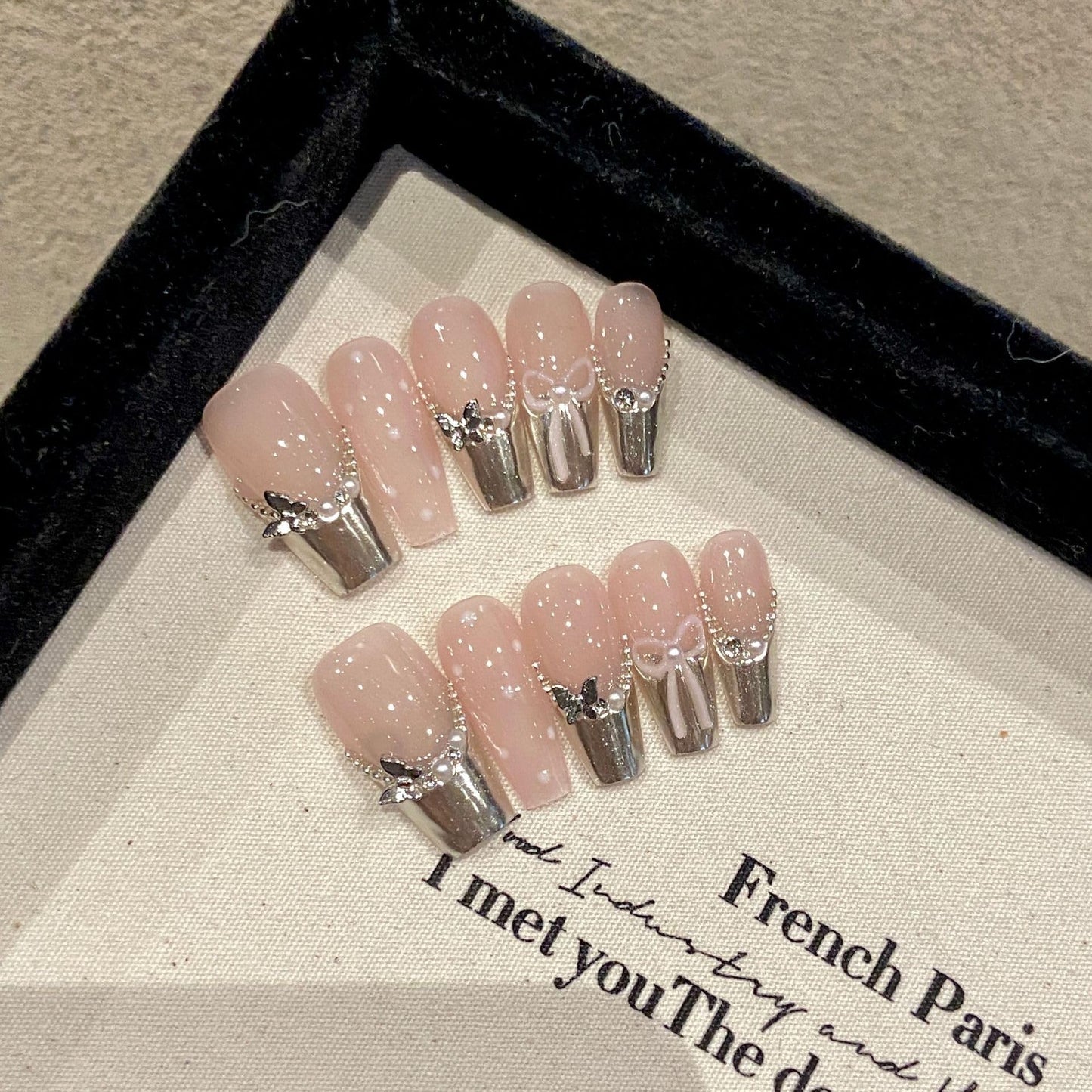 JIEADJIE Press On Nails (100% Handmade),Short-Medium T,Handmade Painted Nail Art by Nail Technician,Daily Version (French mirror butterfly, Small)