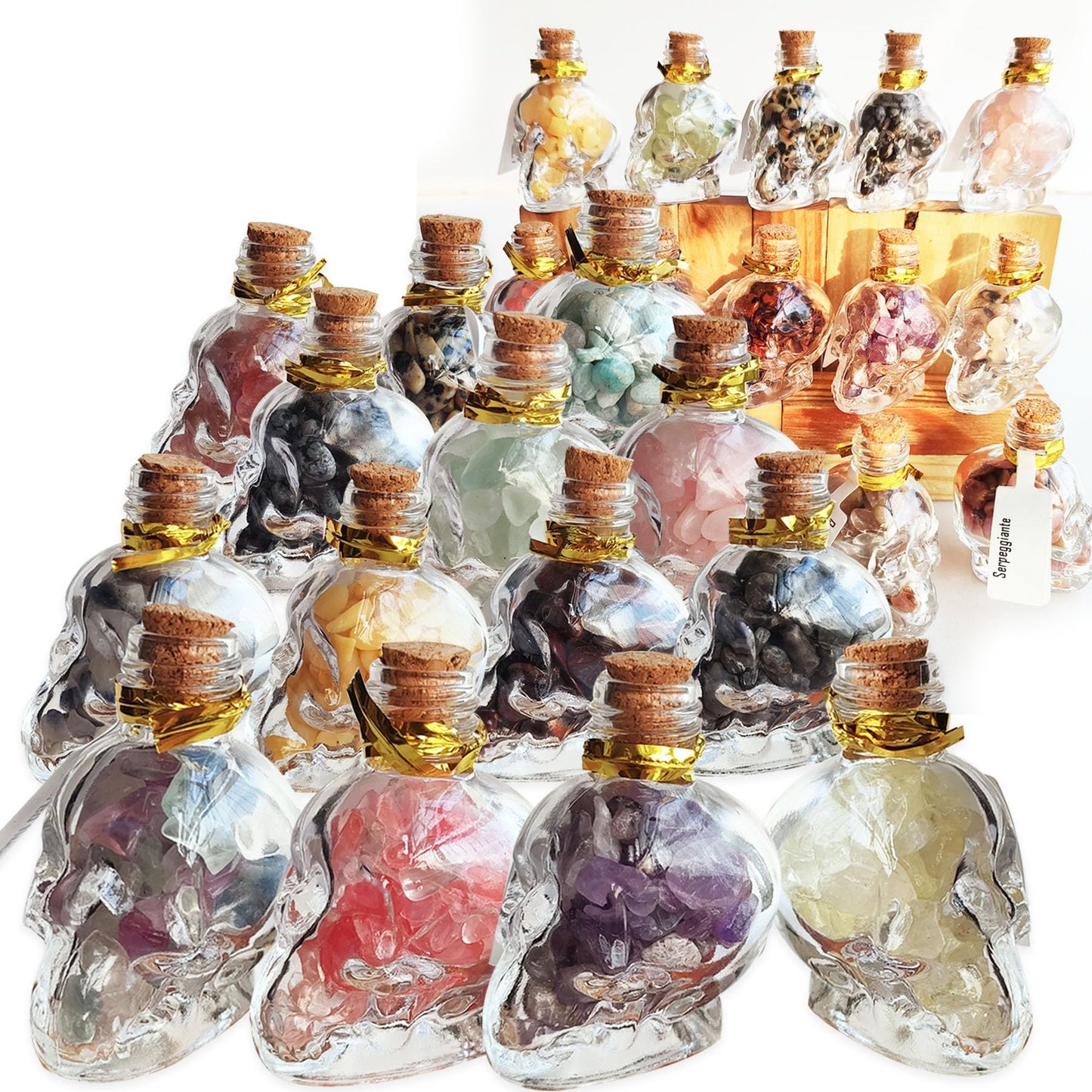 MINELEVEN 24Pcs Crystals and Healing MINI Stones with Skull Spell Jars-Crystal Chakra Stones Cute Glass Bottle-Healing Crystals