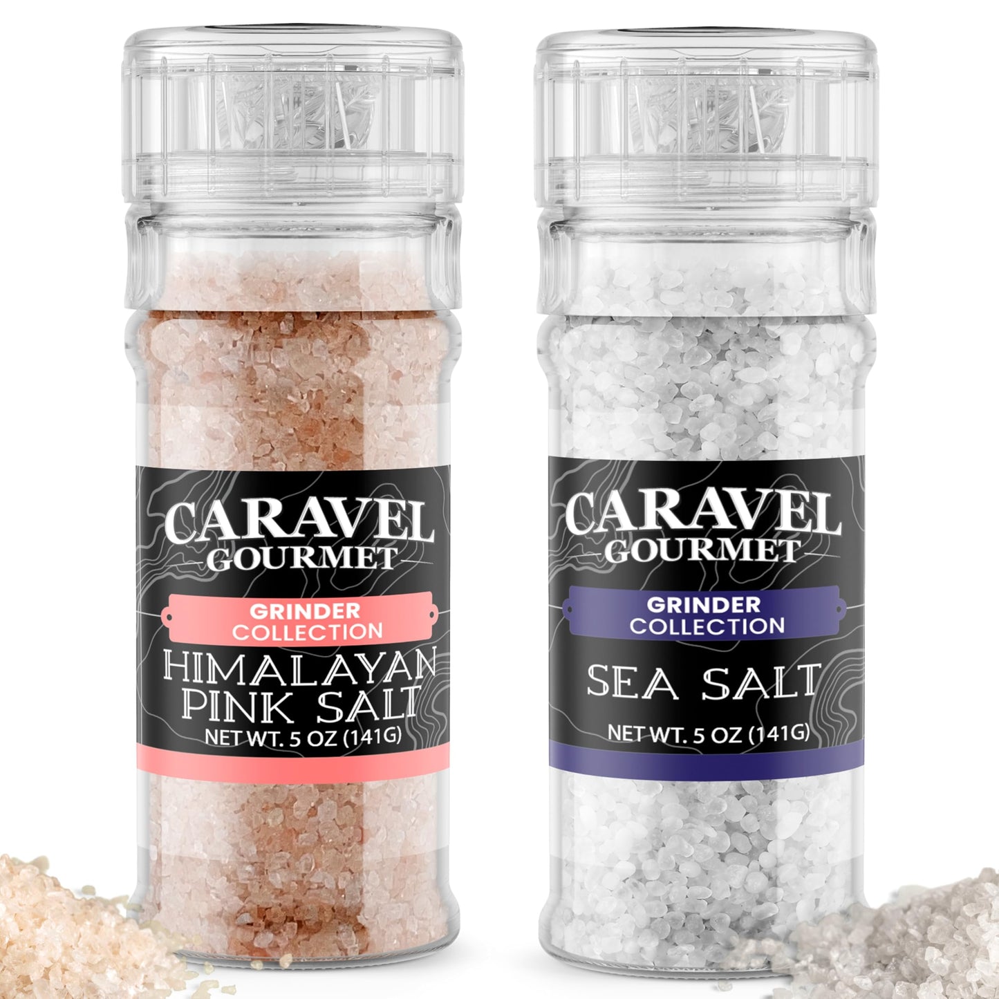 Sea Salt and Himalayan Pink Salt Grinder Bundle for Seasoning, Finishing, and Cooking – 5 oz Adjustable Grinders for Fine and Coarse Grinds – Caravel Gourmet