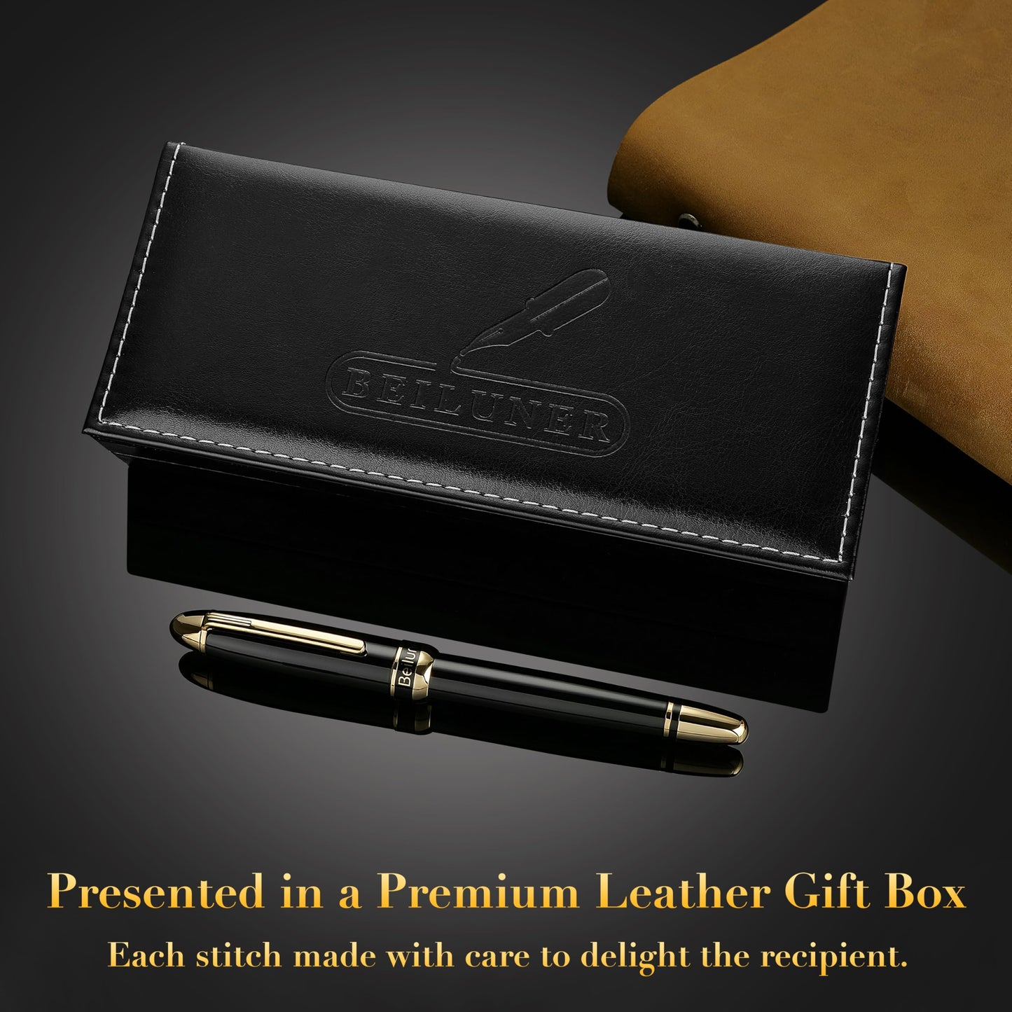 BEILUNER 315 Black Fountain Pen,Stunning Luxury Pens with 24K Gold Accents, Gorgeous 24K Gilded Nib(Fine), Ink Converter,Fancy Pen Gift for Men&Women-Elegant, Office, Graduation, Nice Design