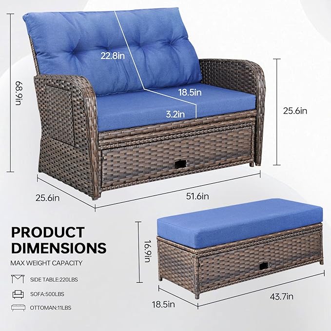 Patio Rattan Daybed, Wicker Recliner Loveseat for Two with Multifunctional Recliner and Stowable Side Tray, 5 Level Adjustable Backrest (Brown Wicker/Blue Cushion)
