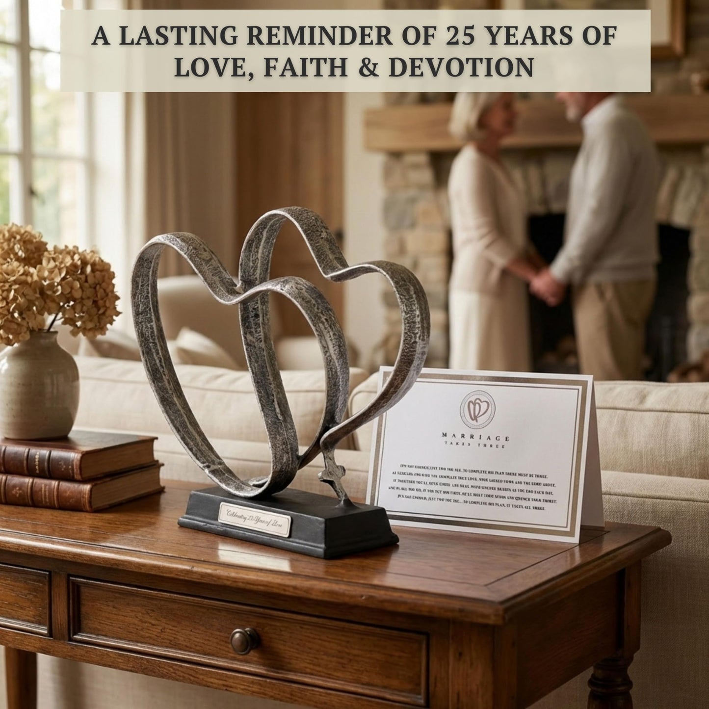DCAPILLA 25th Anniversary Wedding Gifts – Two Hearts & Cross Keepsake - Ready-to-Gift Includes Present Box, Poem Card, and Engraved Plaque