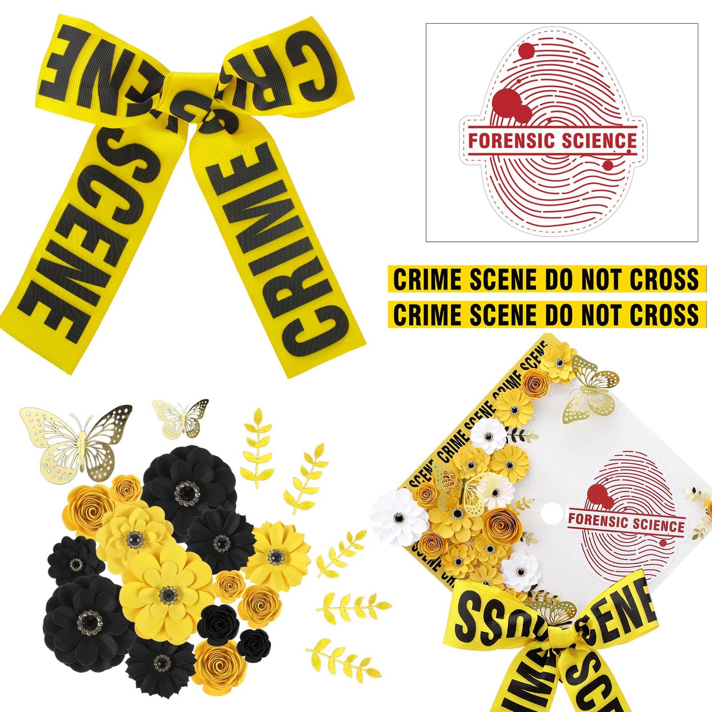 Gersoniel Criminal Justice Graduation Decorations Glitter Grad Cap Topper Graduation DIY Accessory Kit Included Paper Flowers Crime Scene Printed Bow Scale Sticker for Hat(Stylish)