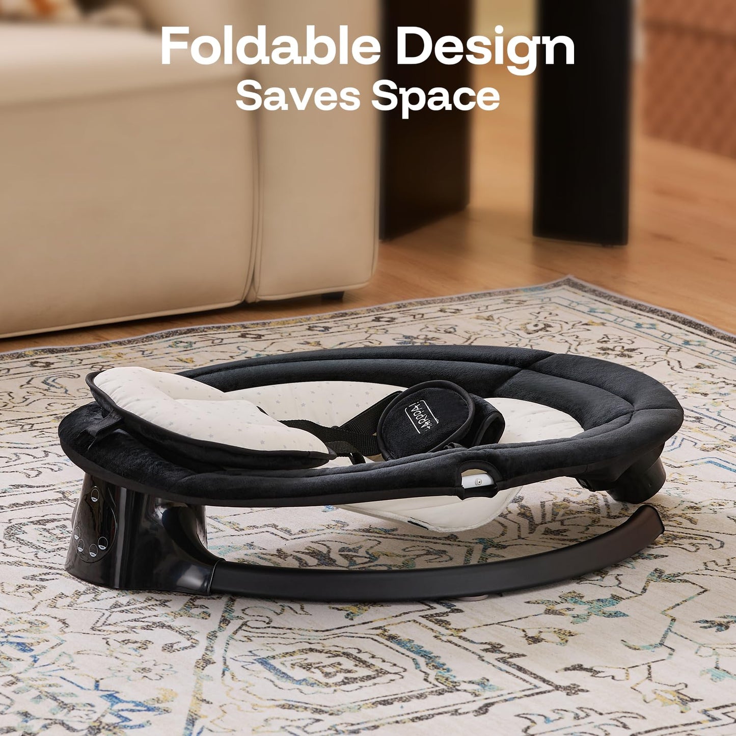HARPPA Weddell Lite Electric Baby Swing for Infants with Music Speaker, 5 Adjustable Speeds, 5-Point Safety Harness, Timer Function, Compact Design for Indoor & Outdoor Use,Black