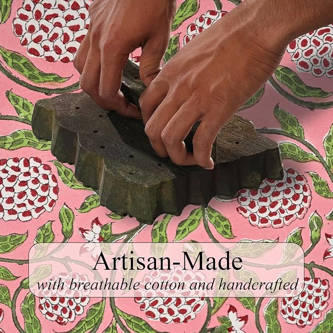 Ridhi Hand Block Print Strawberry Pink Square Cotton Tablecloth 60" x 60" Reusable Table Cover Decorative Everyday Use for Dining, Farmhouse, Home Gift for Spring, Easter, Valentine