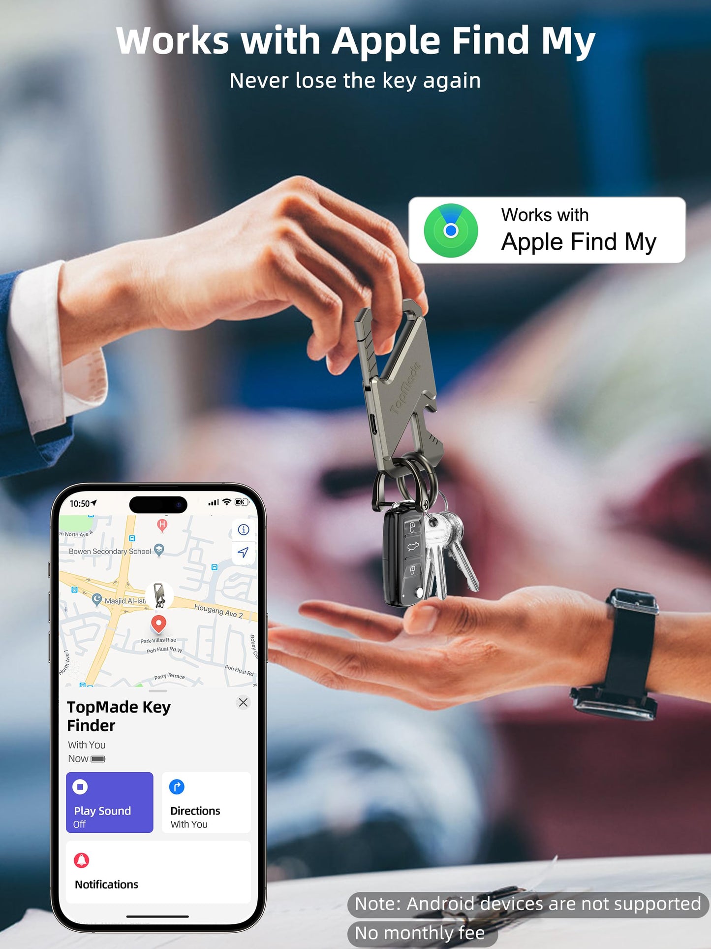 Keychain, Works with Apple Find My, Carabiner Heavy Duty Car Key Chains, Bottle Opener Anti-Lost Keys with Smart Bluetooth GPS Tracker, Rechargeable Smart Key Finder for Luggage, Backpack, Gunmetal