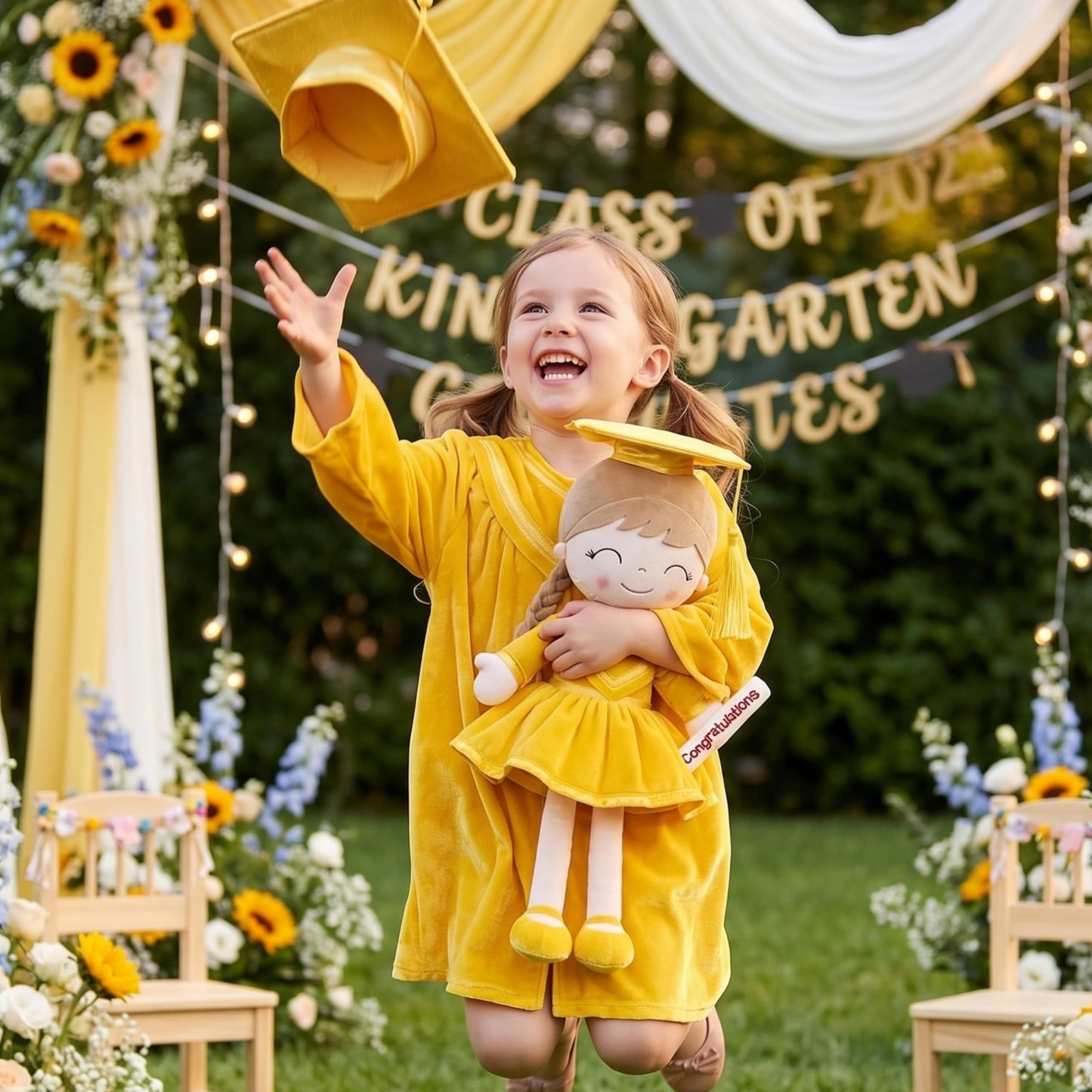 Gloveleya 16" Yellow Graduation Doll - Bright & Cheerful Plush Toy with Cap & Gown - Preschool Kindergarten Graduation Gift for Daughter, Class of 2026