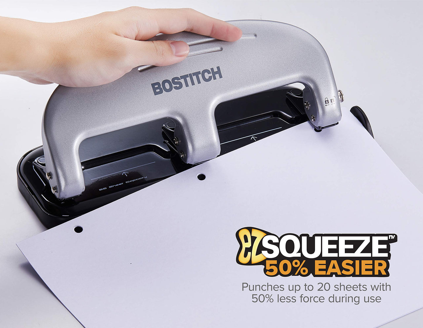 Bostitch Office EZ Squeeze 3-Hole Punch, 20 Sheet Capacity, Reduced Effort, No Jam Technology, Silver